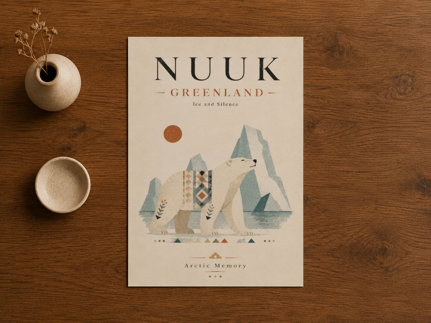 Nuuk Greenland duvar sanatı, krem renkli fonda ayı grafiği ve buz manzarası tasarımı.