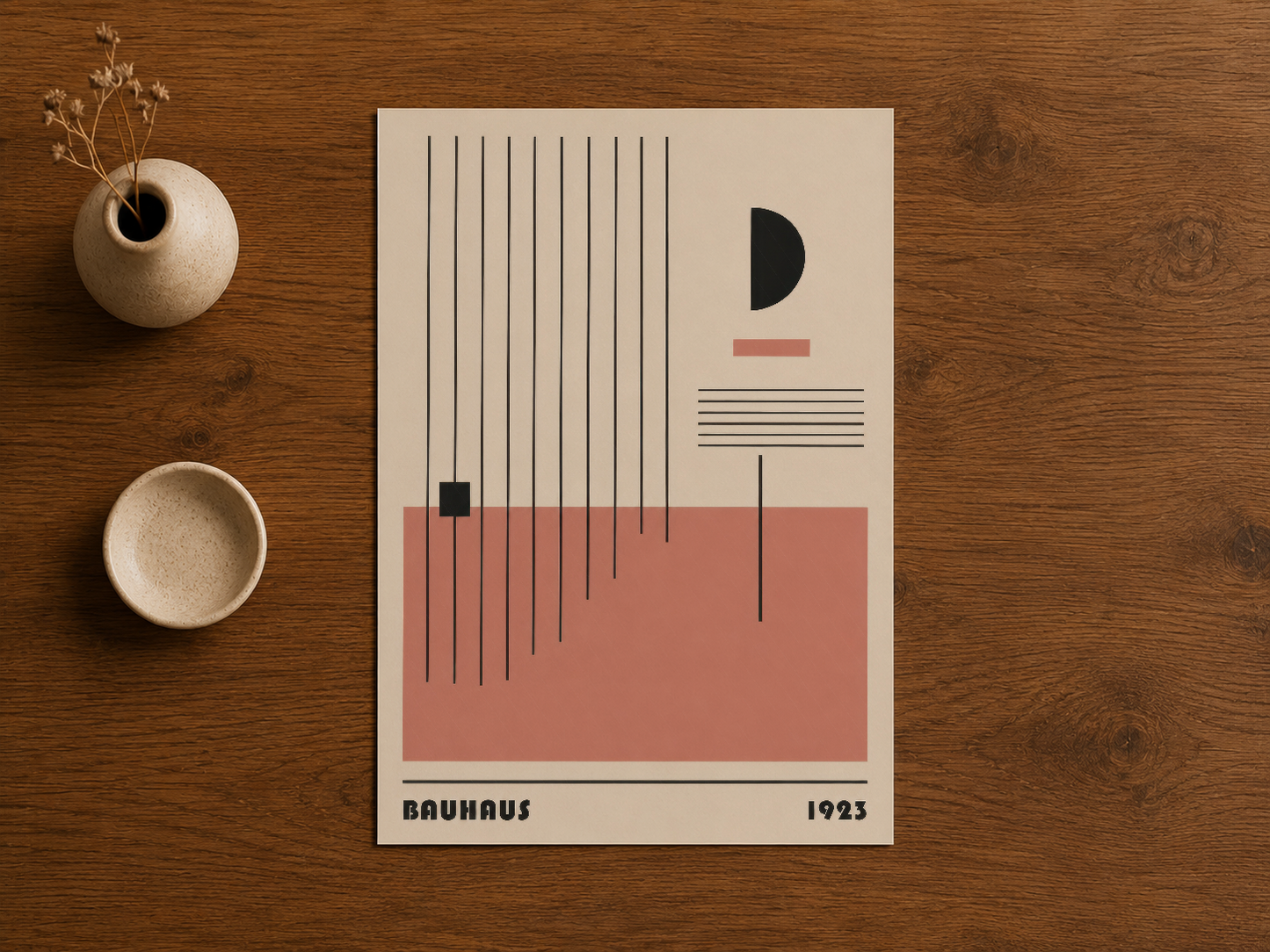 Ağaç masa üstünde, Bauhaus tarzı duvar sanatı minimalist siyah ve mercan renk geometrisiyle.