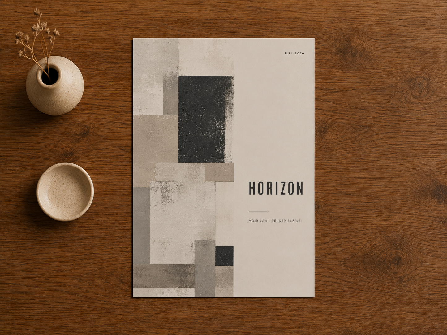 Horizon tablosu, ahşap masanın üzerinde sakin ve modern dekor aksessuarlarıyla sergileniyor.