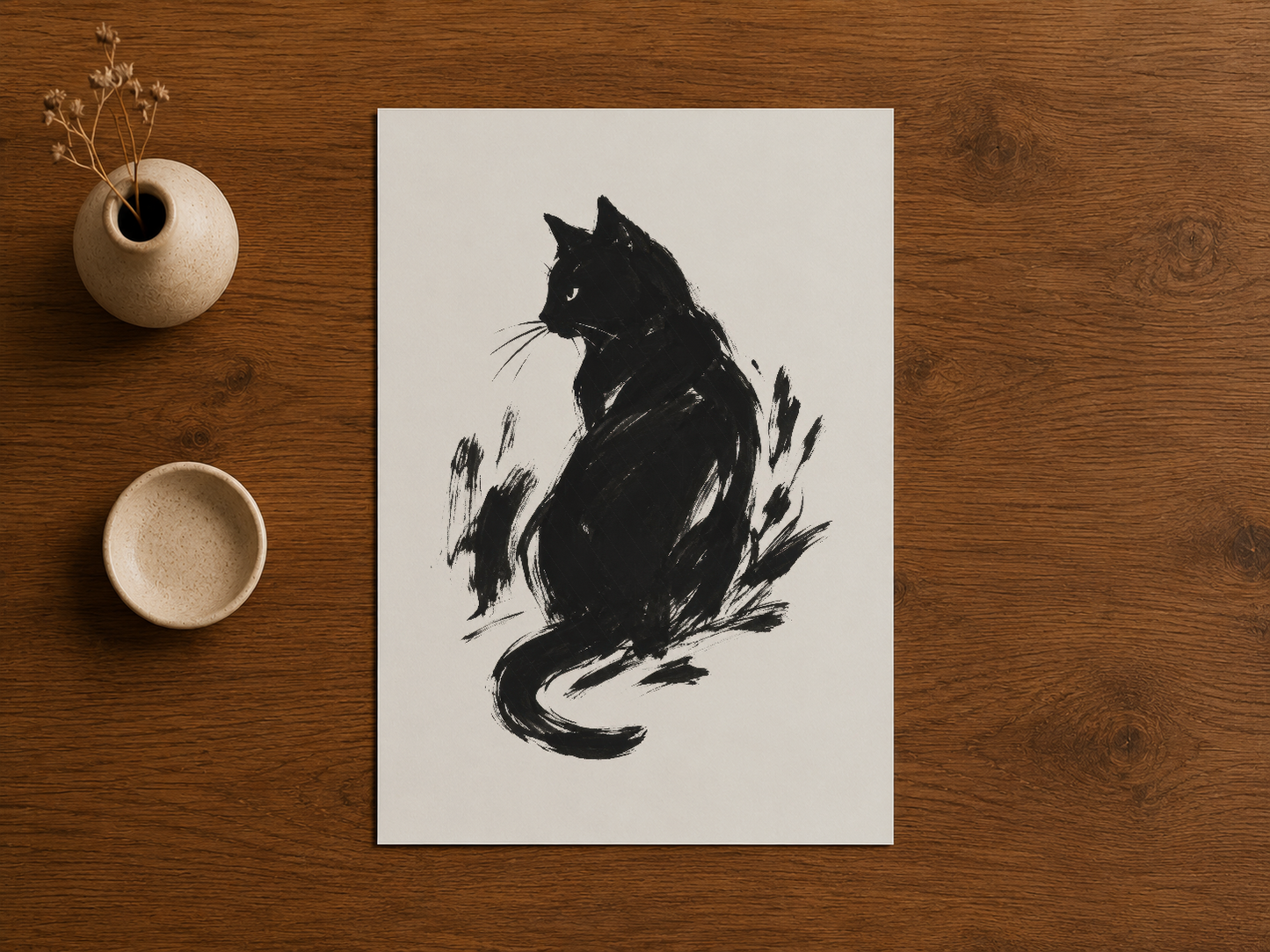 Dinamik kedi çizimi poster baskısı, ahşap masa üzerinde sergilenen minimalist tasarım.