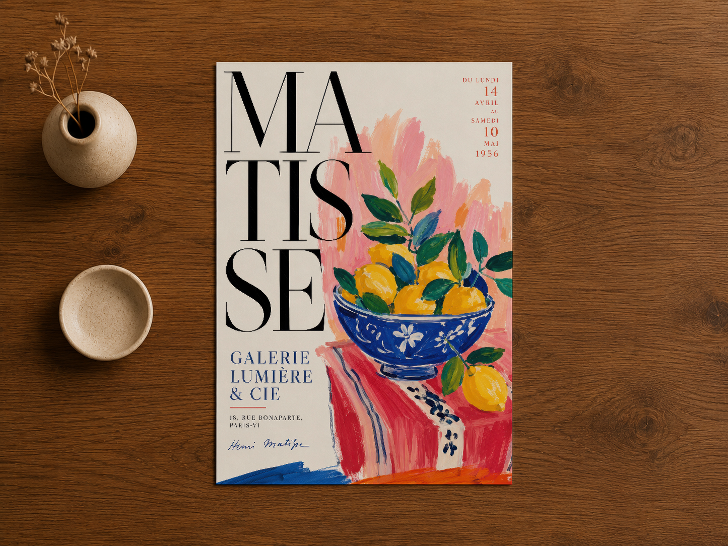 Matisse sergisi posteri, stilize çiçek motifi ve soyut renklerle estetik dekorasyon parçası.