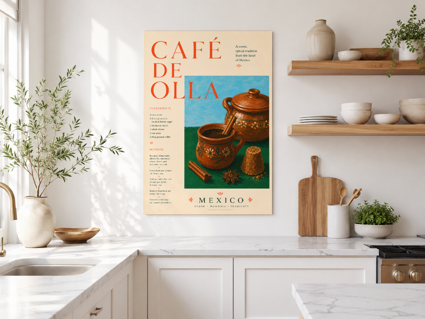 Krem fondlu Café de Olla sanat baskısı, açık ahşap aksanlarla uyumlu, aydınlık mutfaka sıcak bir karakter katıyor.