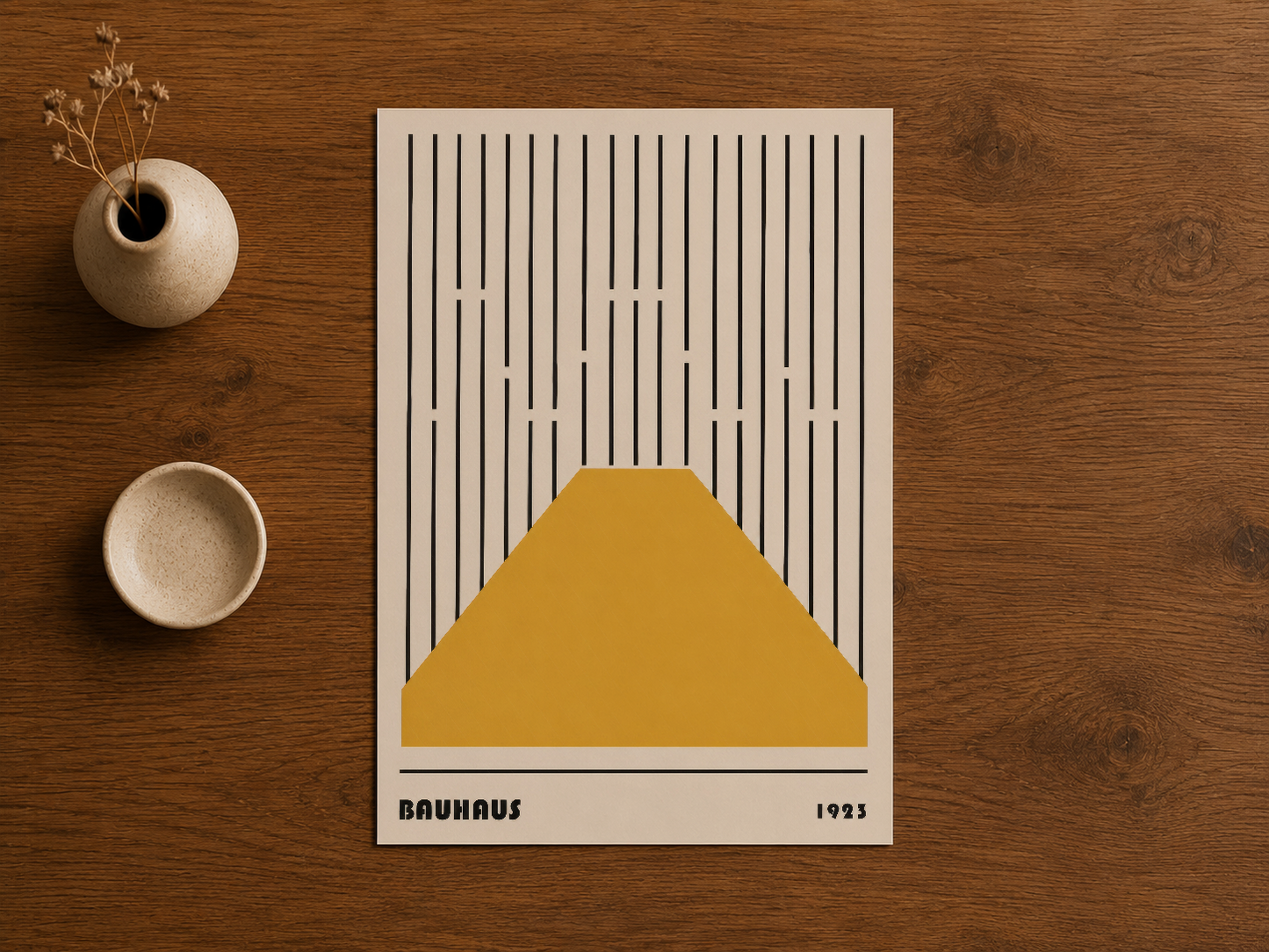 Ahşap masanın üzerinde duran, geometrik çizgi desen ve sarı mountain tasarımlı Bauhaus tarzı poster.