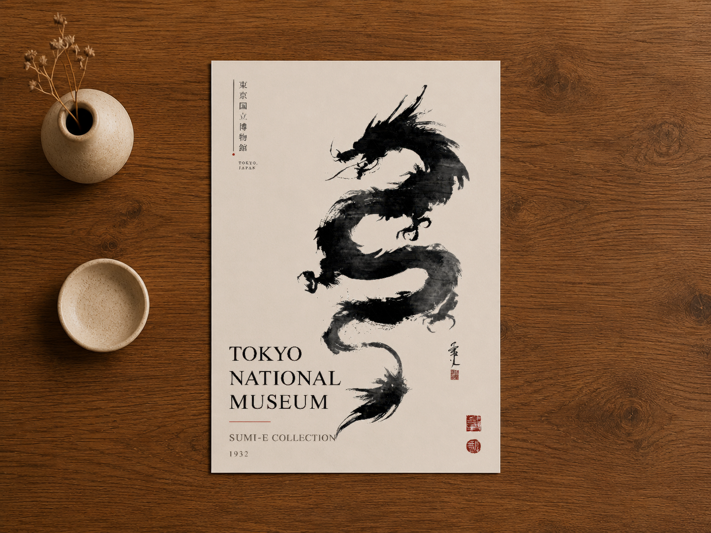 Sumi-e geleneğinden, ekspresif siyah ejderha motifleri ile Tokyo National Museum sergisi konseptli poster.