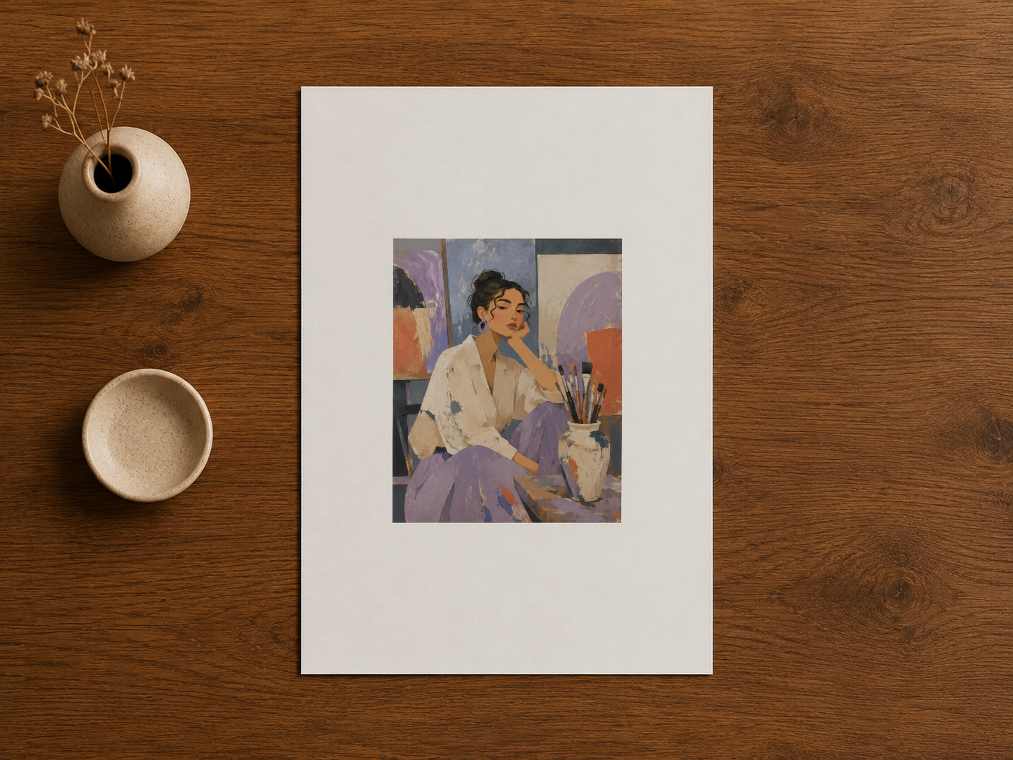 Ahşap masa üzerinde açık, ressam portresi sanat baskısı, minimalist doğal dekorasyon aksessuarlarıyla.
