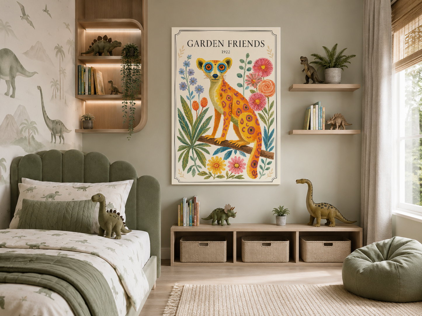Sarı Pembe Leopar ve Çiçekler Botanik Vintage Duvar Tablosu