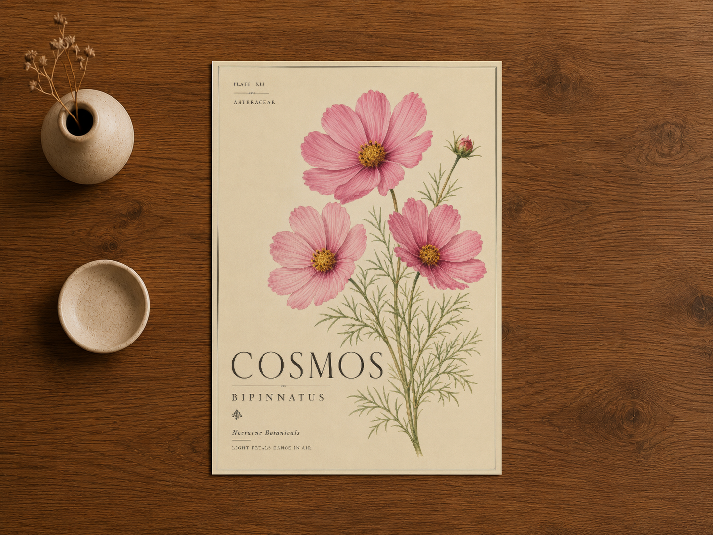 Vintage tarzda cosmos çiçekleri tablosu, ahşap masada dekoratif sunumla.
