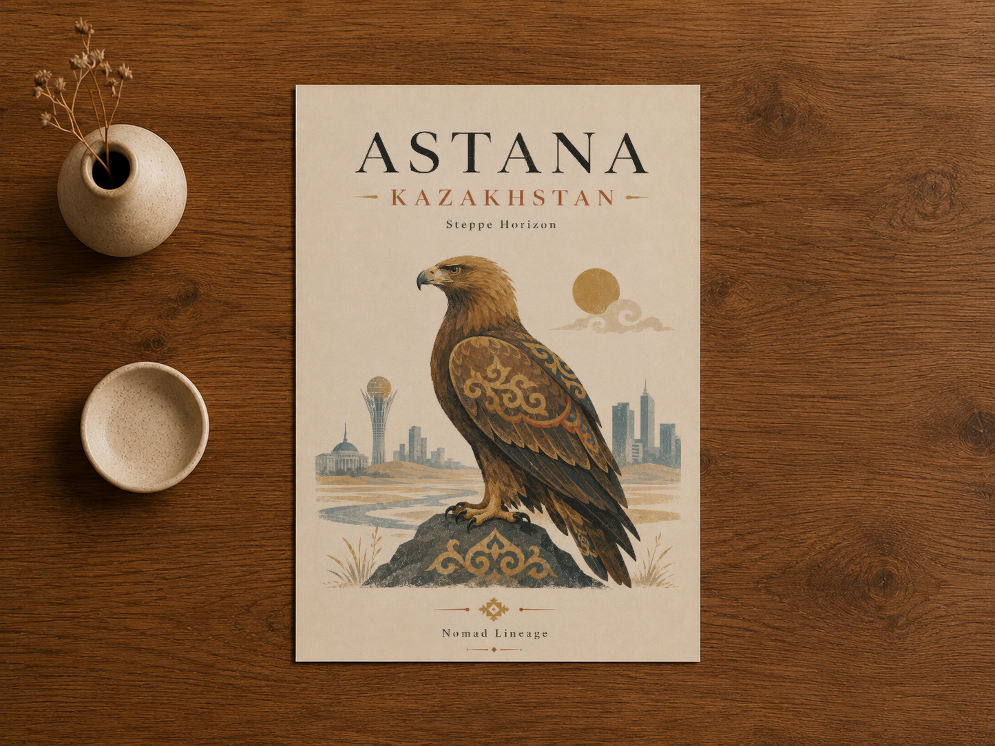 Astana Kazakistan sanat baskısı, doğa ve şehir öğelerini birleştiren dekoratif tasarım.