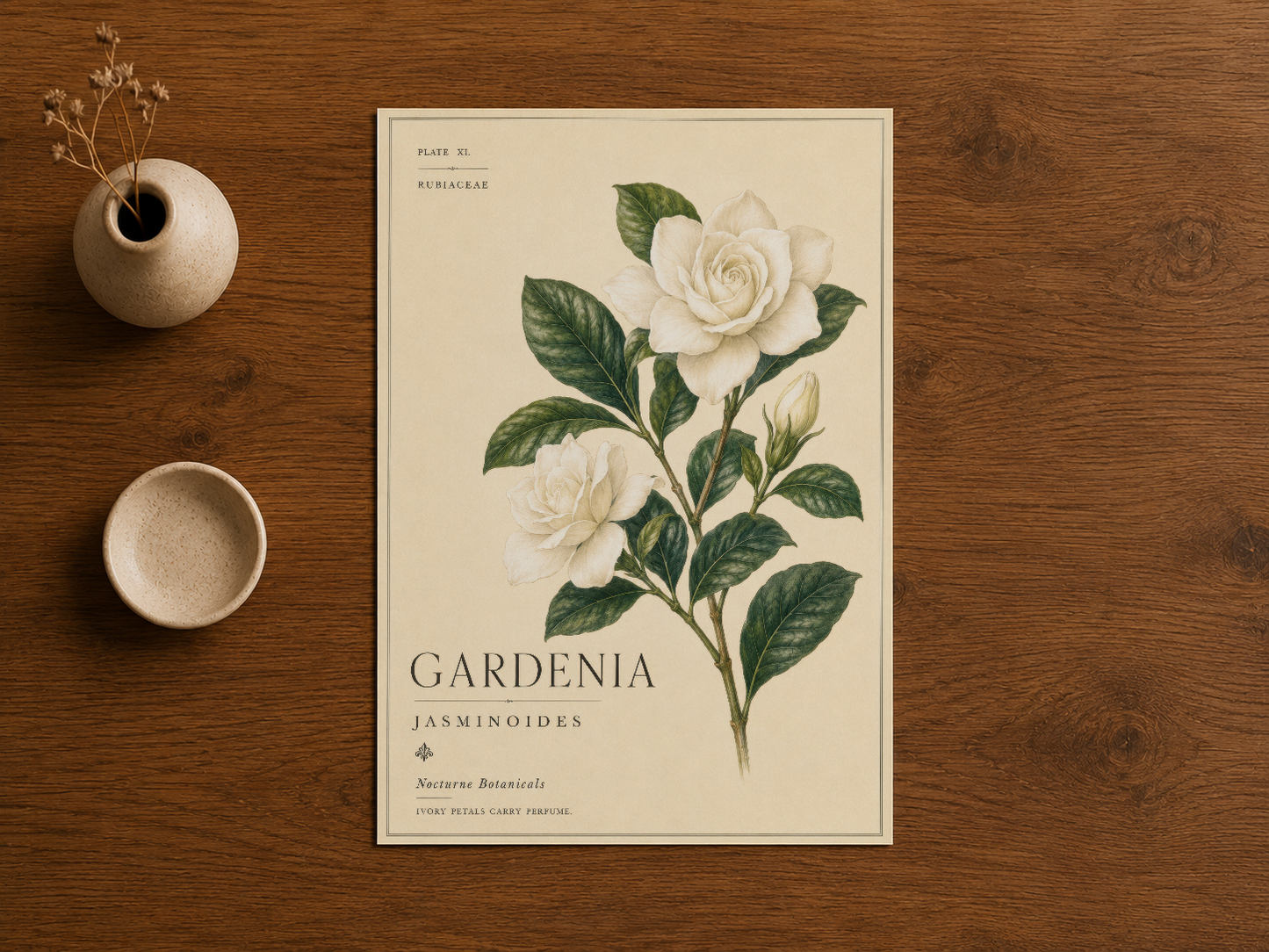 Gardenia tablosunun botanik illüstrasyonu, ahşap masanın üstünde doğal ışığla görüntüleniyor.