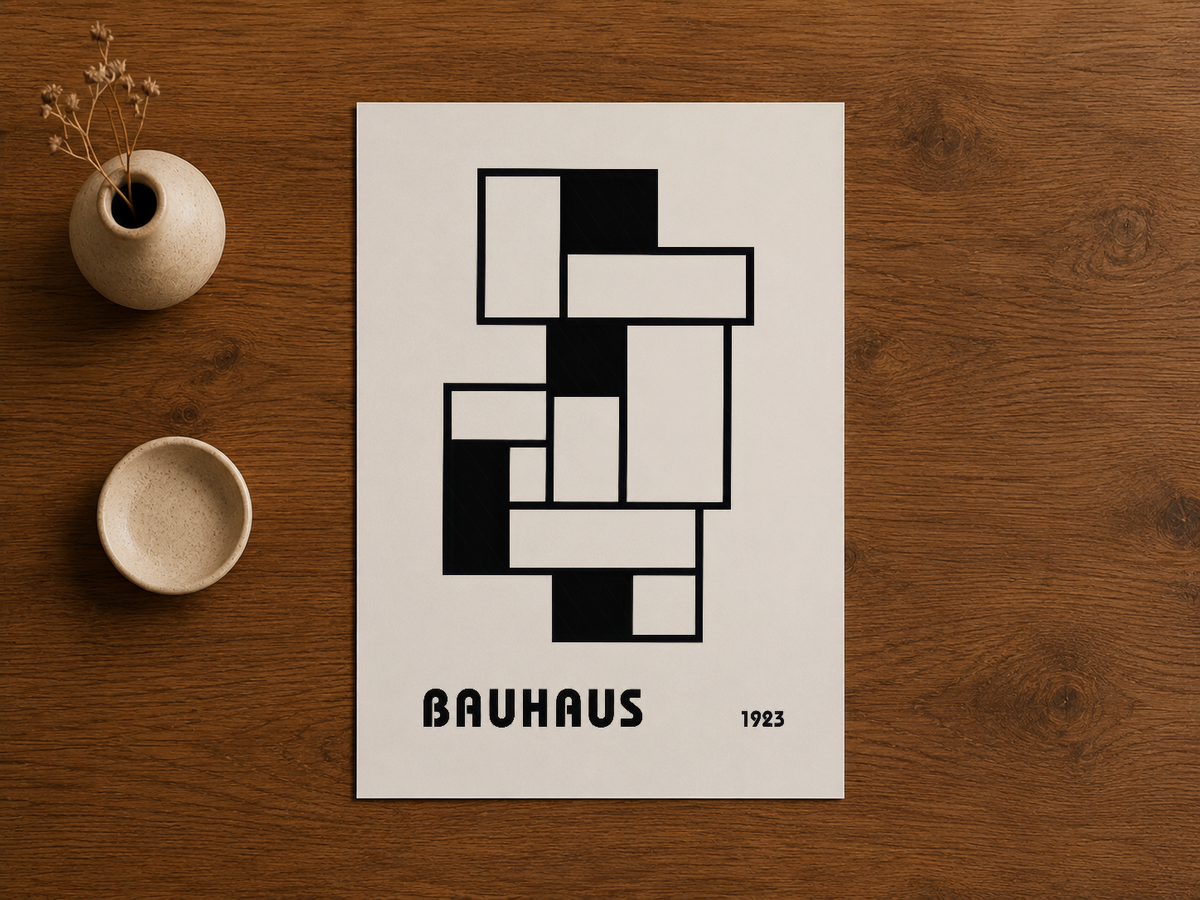 Bauhaus 1923 geometrik soyut poster, ahşap masa üzerinde doğal dekorasyon aksesuarlarıyla stilize edilmiş.