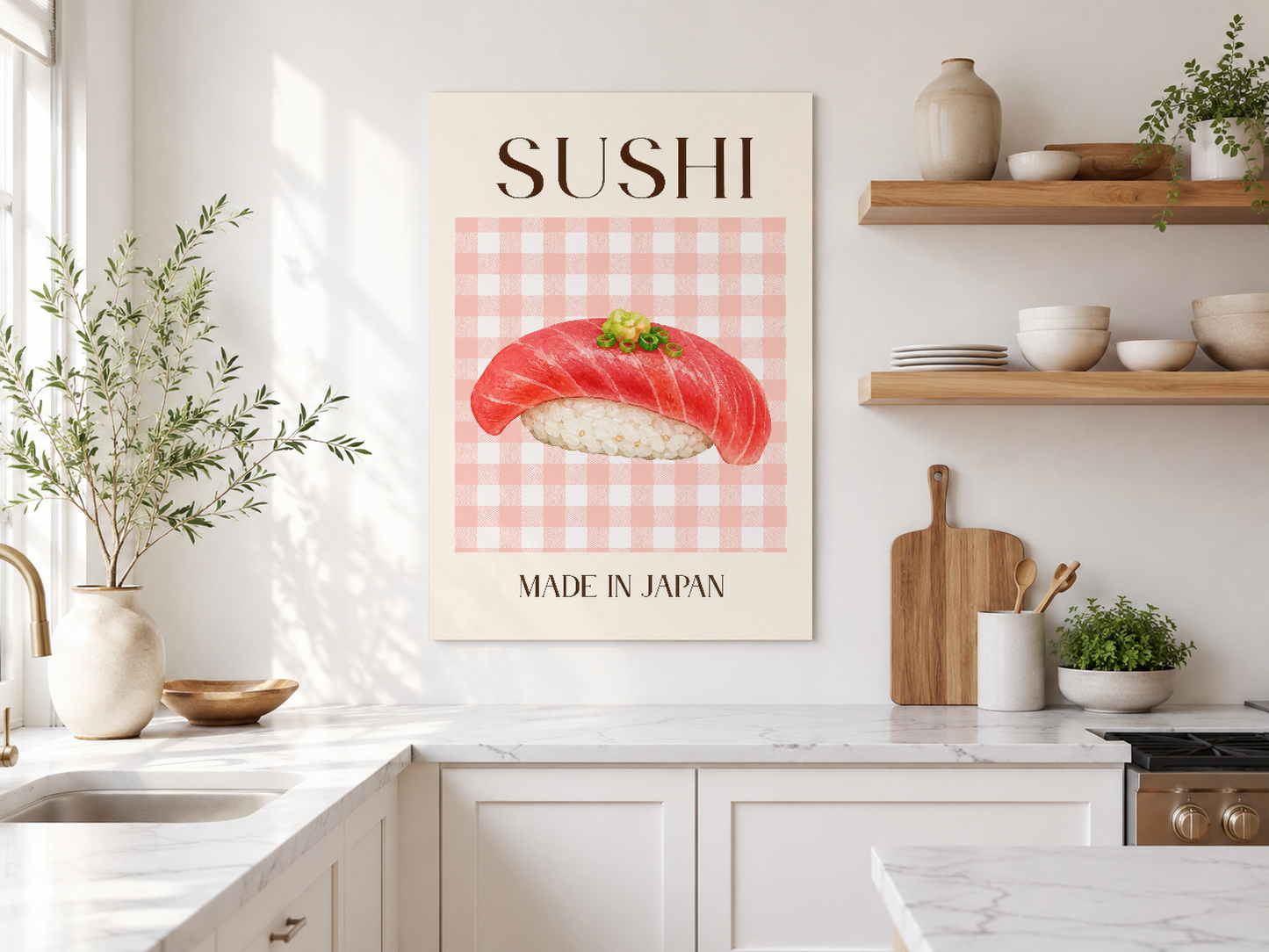 Aydınlık mutfakada asılı sushi tablosu, doğal ışık alan, İskandinav tarzı muasır ev dekoru.