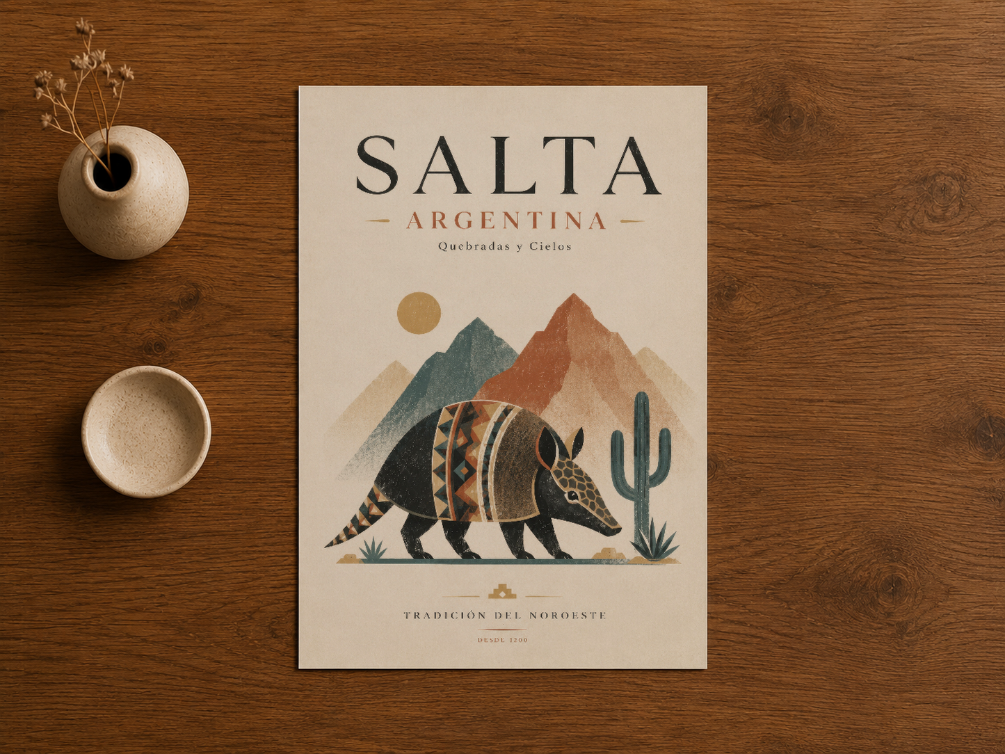 Salta Argentina duvar sanatı, masaya konulmuş; geometrik süslemeler ve doğal renk paletli bohem stilinde.
