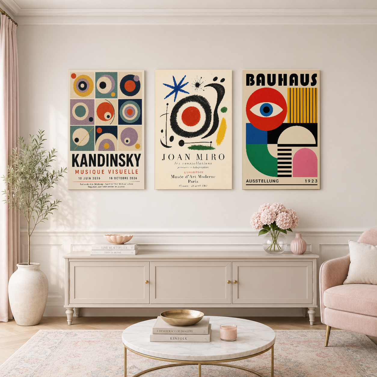 Bauhaus ve Miró posteri, pembe tonlarla dekore edilmiş oturma odasında asılı.