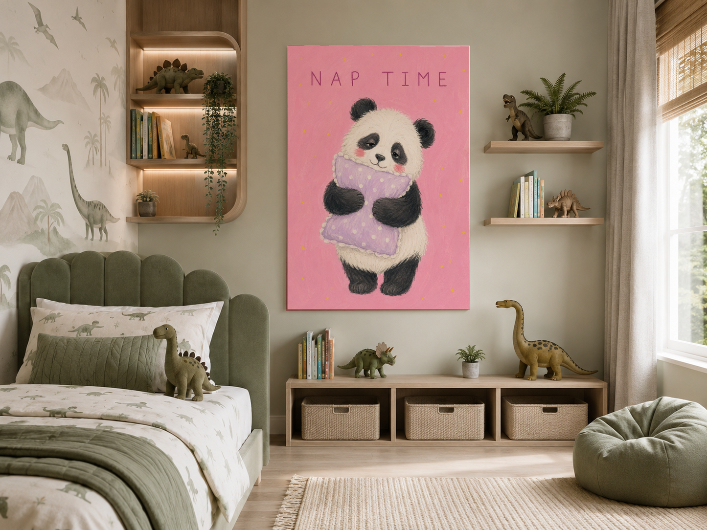 Nap Time panda posteri, safari temaları ve yeşil tonlarıyla dekore edilmiş modern çocuk odasının merkezinde yer alıyor.