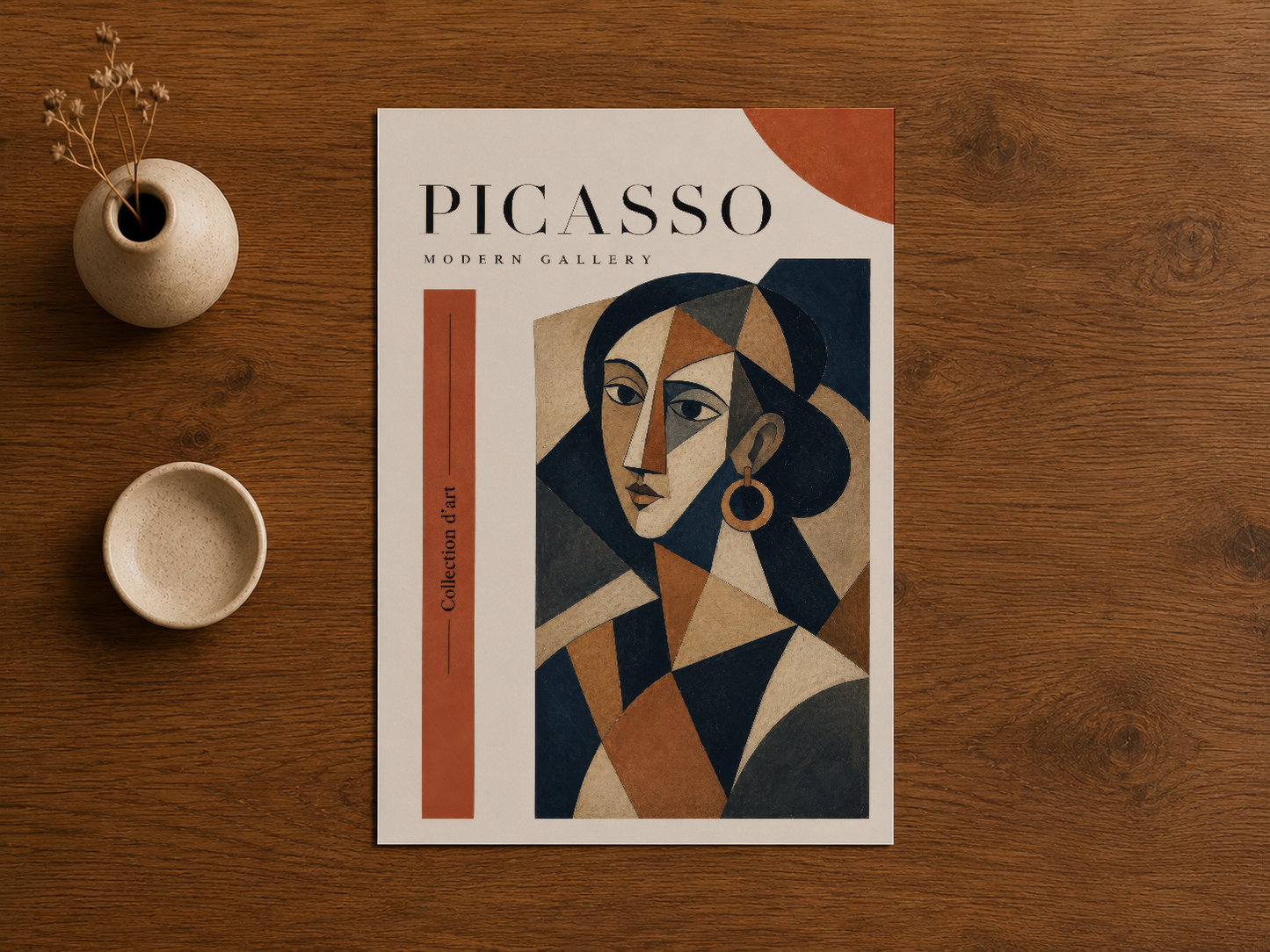 Picasso Modern Gallery posteri, ahşap masada sergilenen eriş ve güçlü renklerle hazırlanmış.