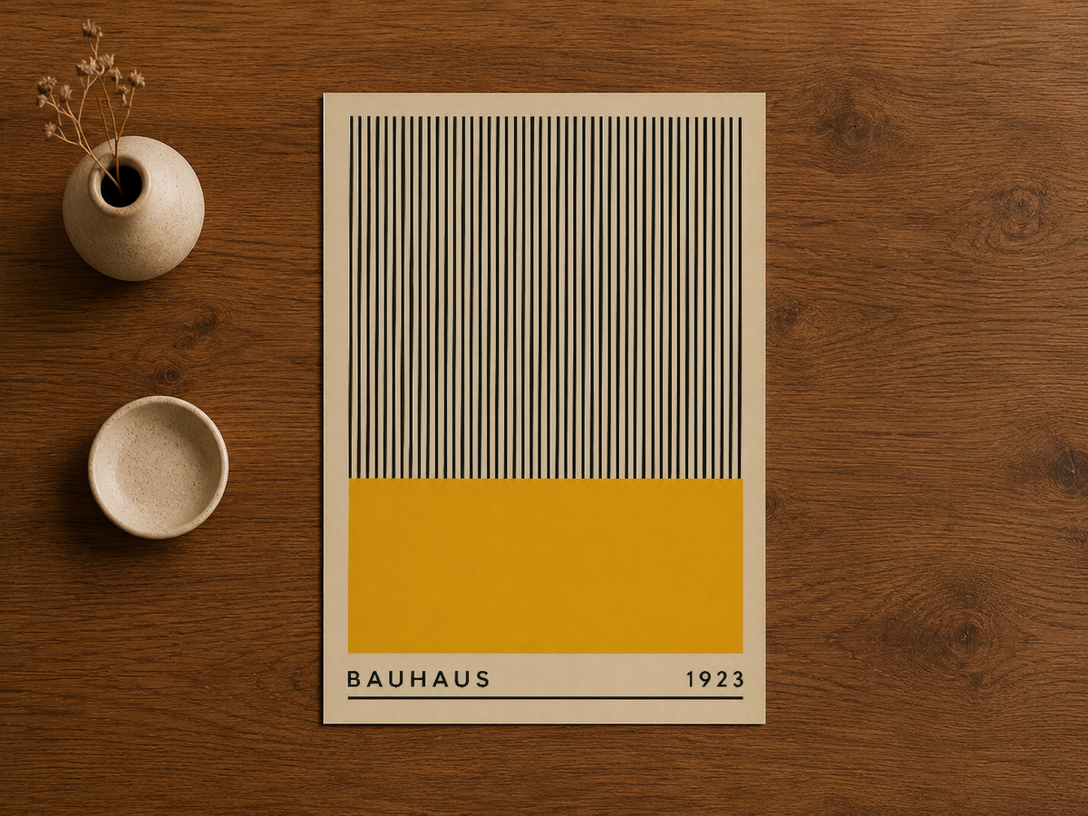 Ahşap yüzeyde sergilenen Bauhaus 1923 posteri, retro sanat estetiksiyle minimalist dekorasyon.