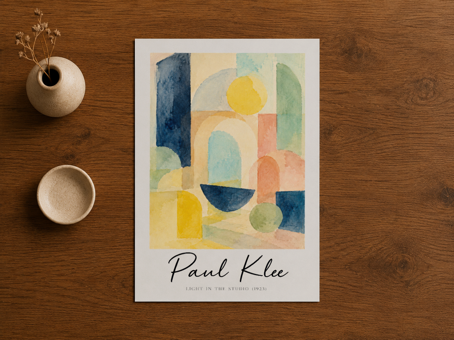 1923'ten Paul Klee'nin ışık oyunu, mavi, sarı ve krem tonlarında denge alan tablosu.