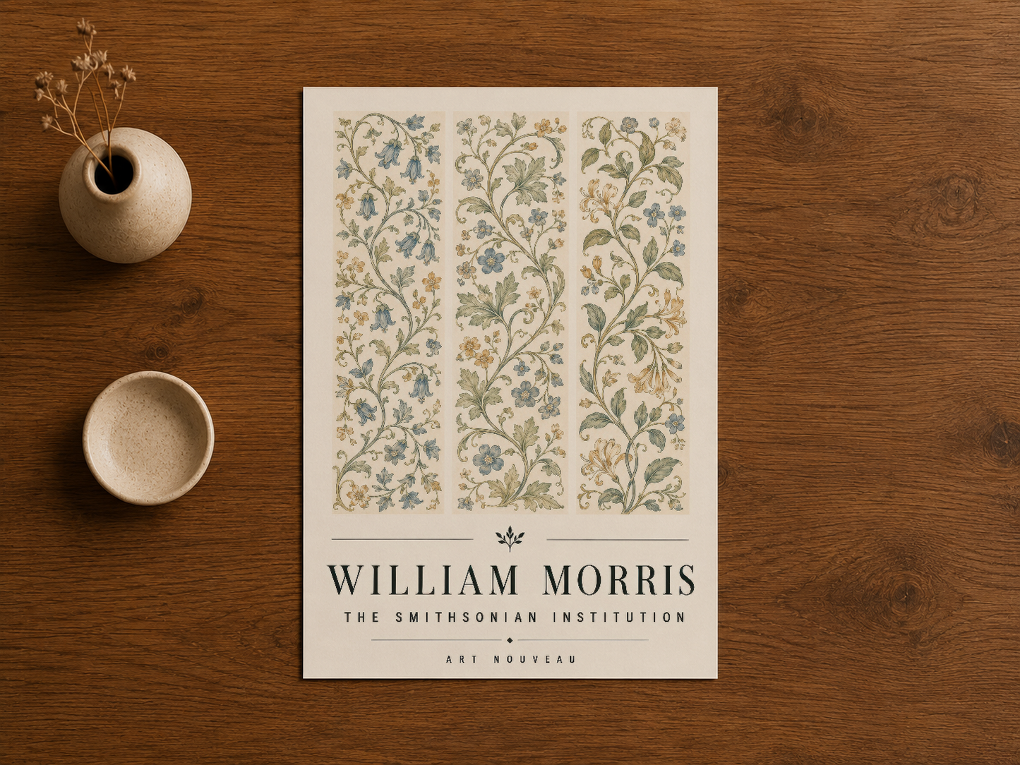 William Morris müze kalitesi duvar tablosu, ahşap masada sergilenen ince renk paleti ve çiçek motifleri.