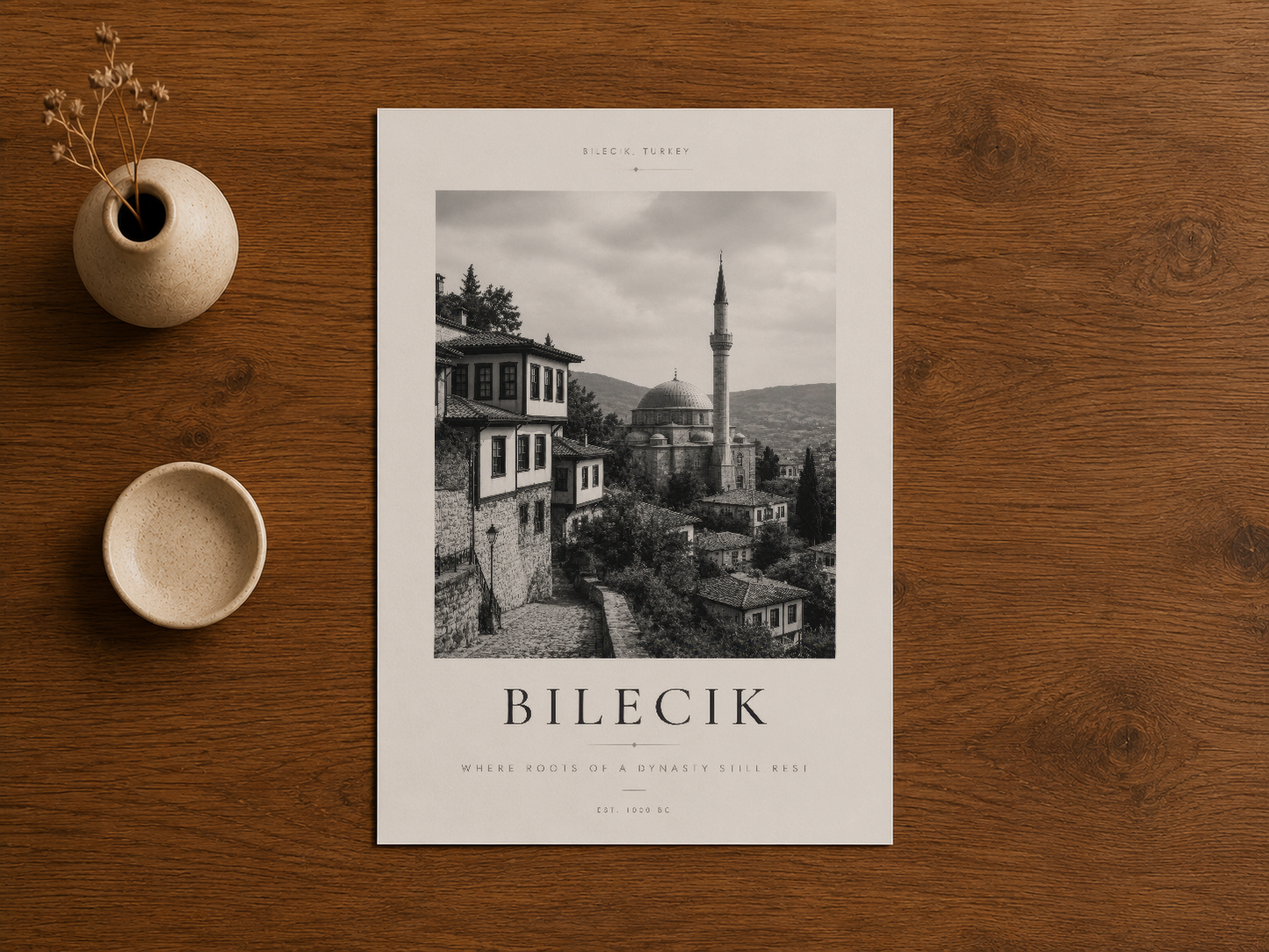 Bilecik şehrinin tarihi mimarisi, siyah beyaz sanat baskısı, vintage stil duvar tablosu.