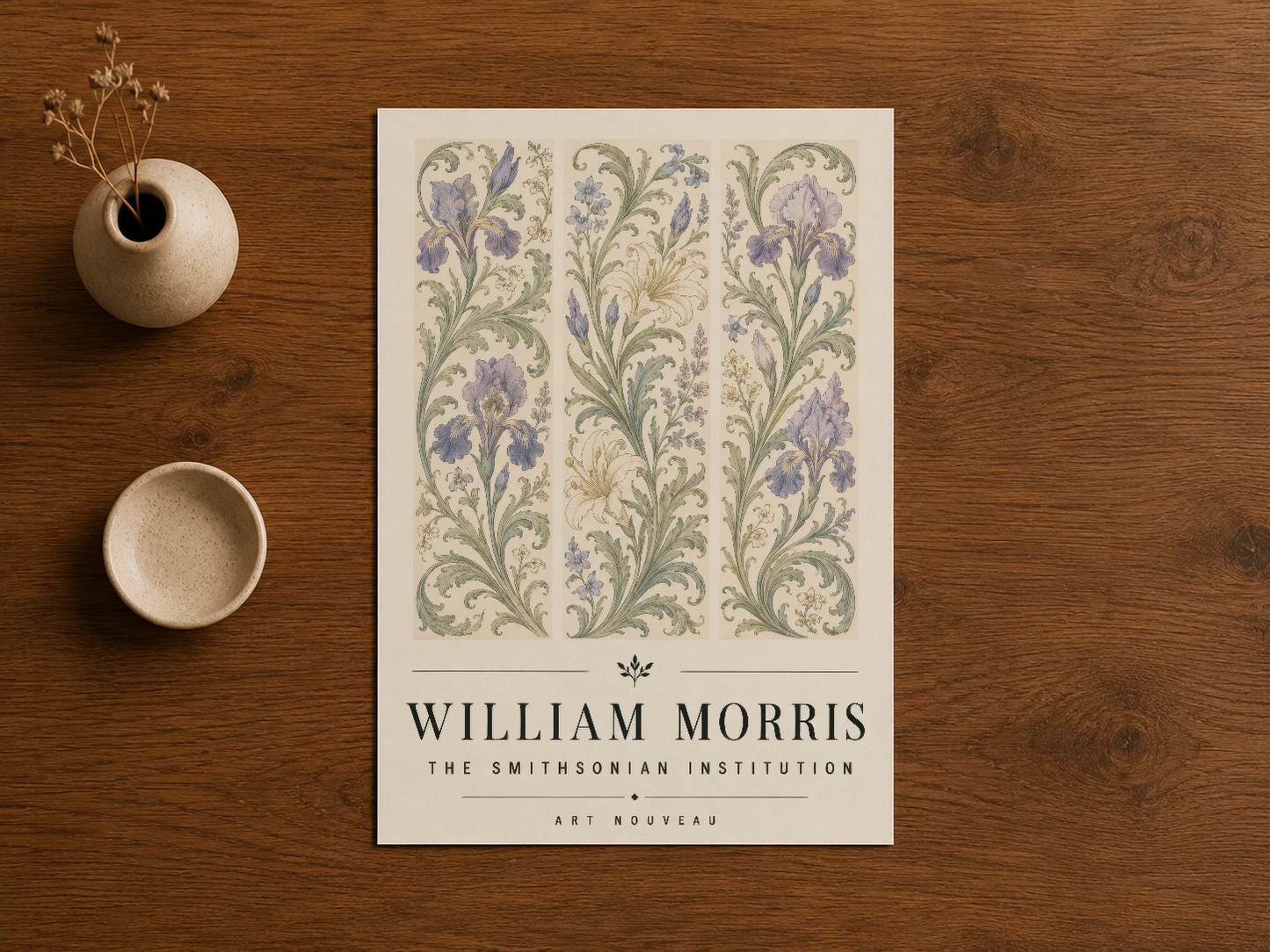 William Morris iris deseni poster, ahşap masa üzerinde, dekoratif seramiklerle birlikte sergileniş.