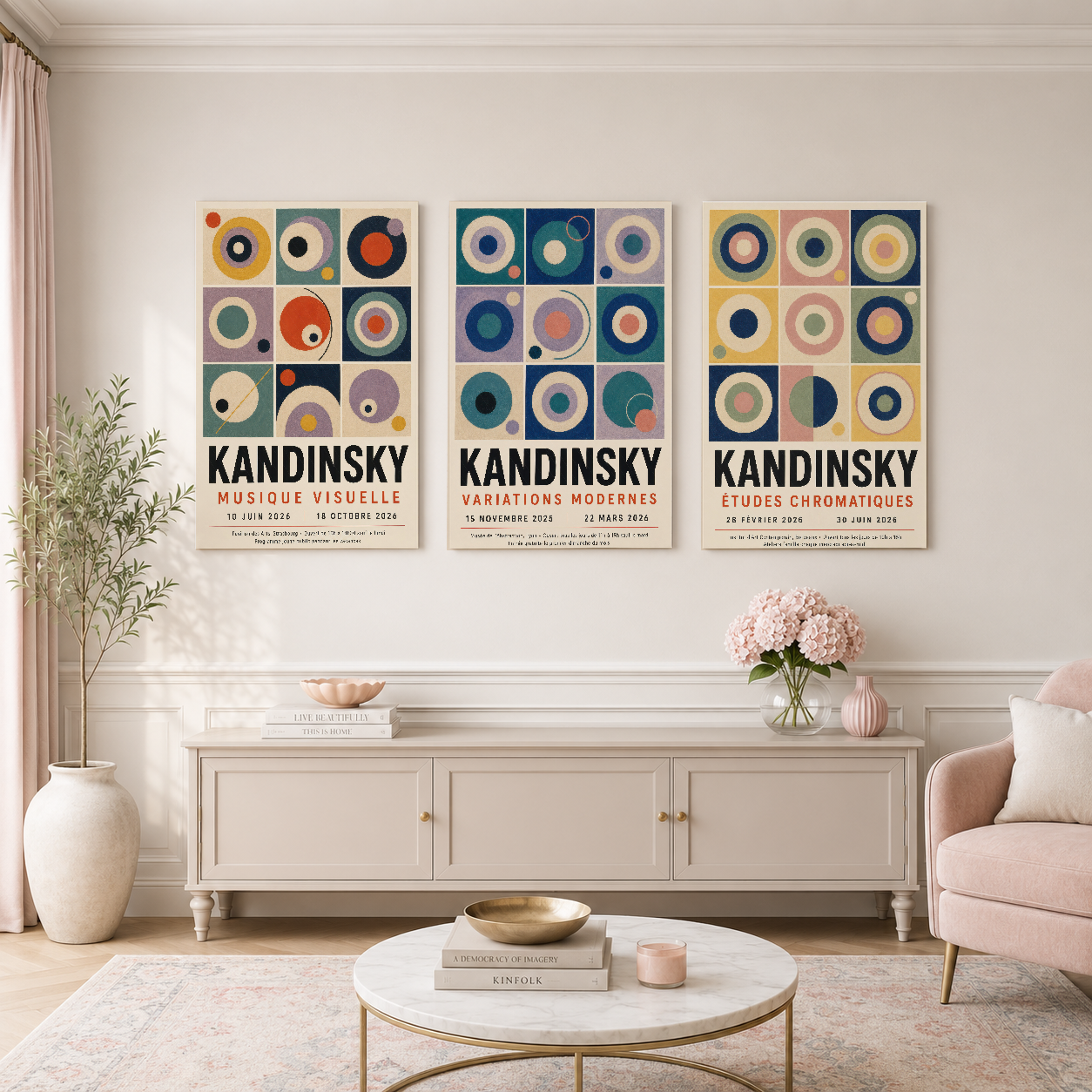 Kandinsky sanat koleksiyonu, konsol üstünde zarif bir şekilde sergilenen renkli soyut tasarımlar.