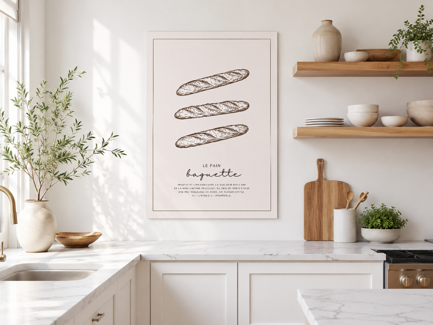 Le Pain Baguette yazılı baget baskı tablosu, ahşap raflar ve doğal ışık alan minimalist mutfakta.