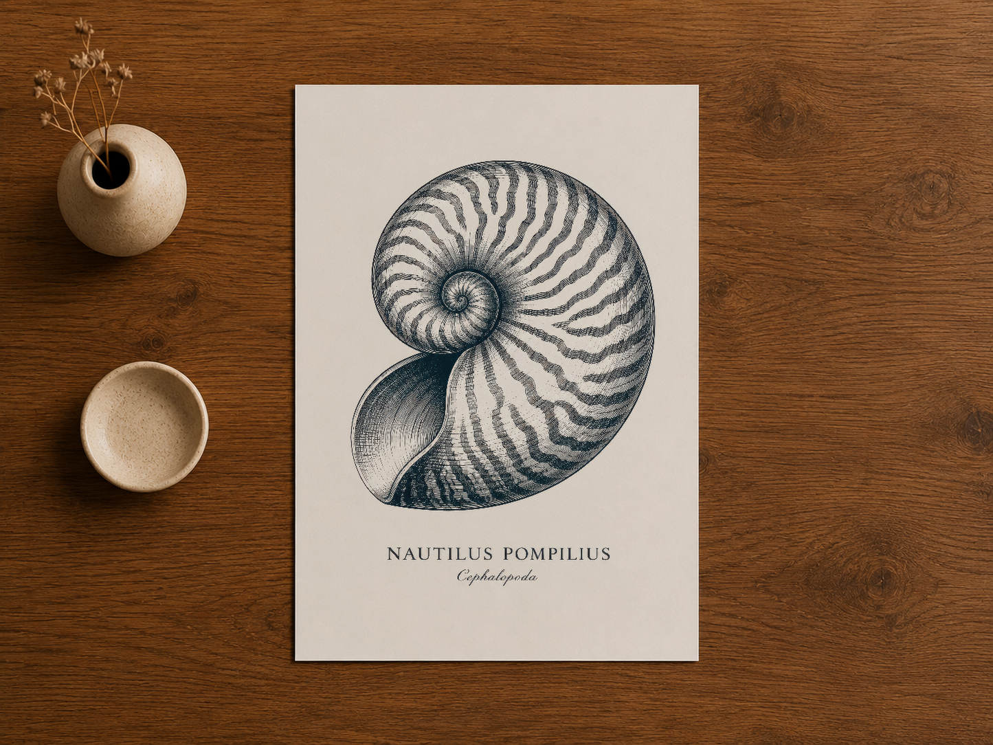 Nautilus Pompilius poster baskı, doğal tonlarla minimal dekore edilmiş ahşap masada sergilenen sanat.