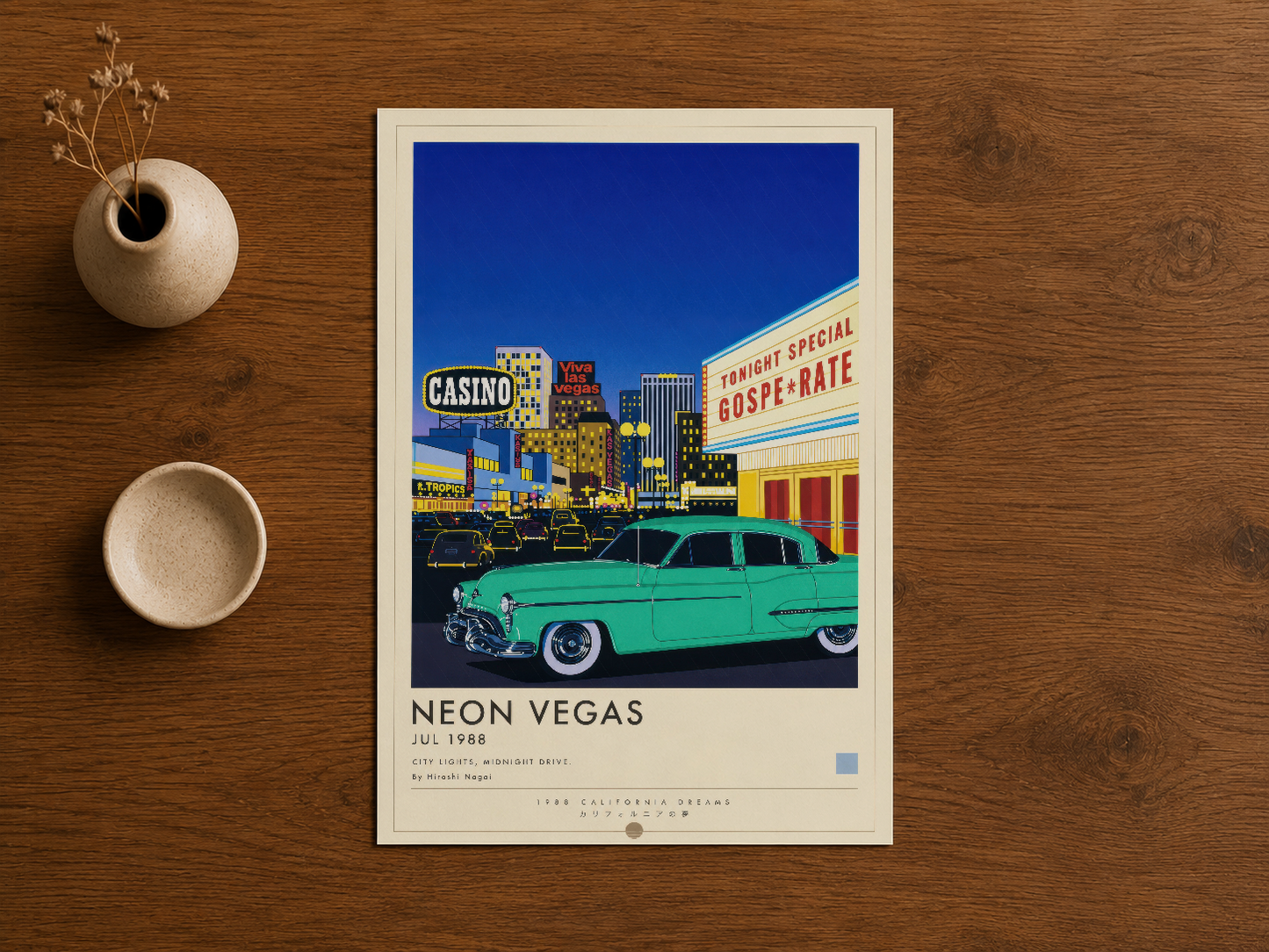 1950'ler Vegas stilinde turkuaz araba ve casino neon ışıklarını gösteren vintage sanatsal poster.