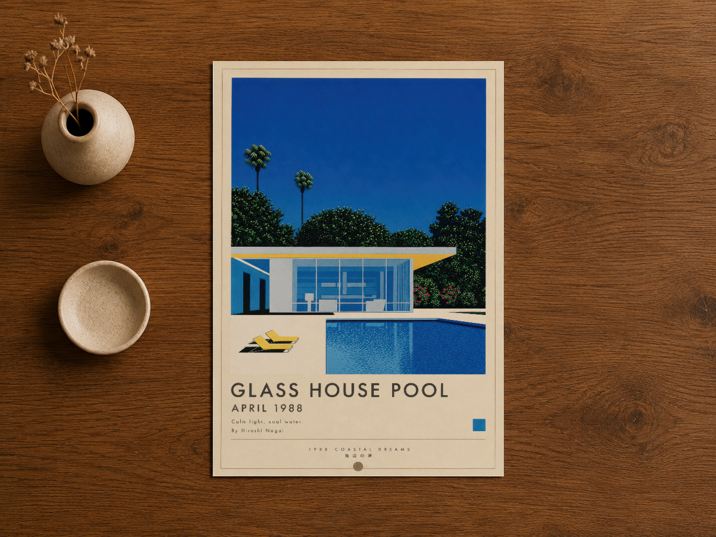 Ahşap tonda Glass House Pool poster, sanatsal kalitesi ve retro estetikle dikkat çeker.