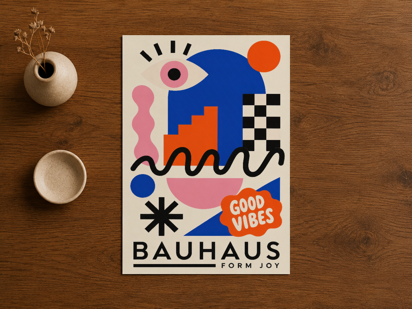 Ahşap zemin üzerinde sergilenen Good Vibes Bauhaus tablosu, moderne dönüştürülmüş klasik tasarım.