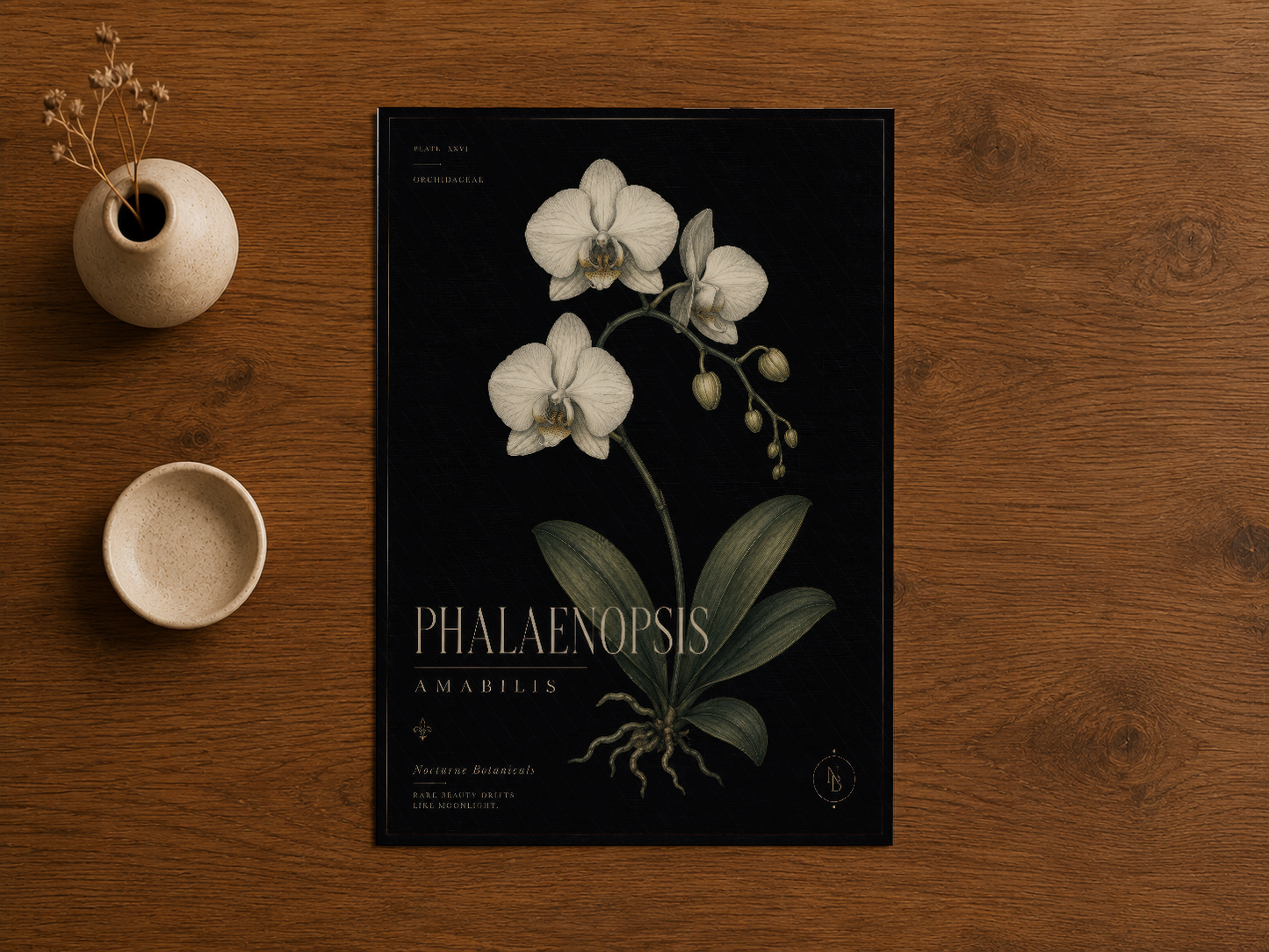 Phalaenopsis amabilis duvar tablosu, ahşap masa üzerinde doğal dekoratif aksesuarlarla stillenen tasarım.