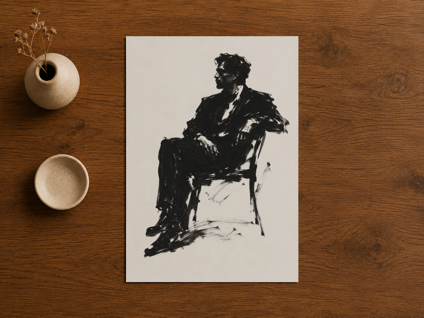 Ahşap zemin üzerinde sergilenen, siyah mürekkeple çizilmiş figür sketsinin poster baskısı