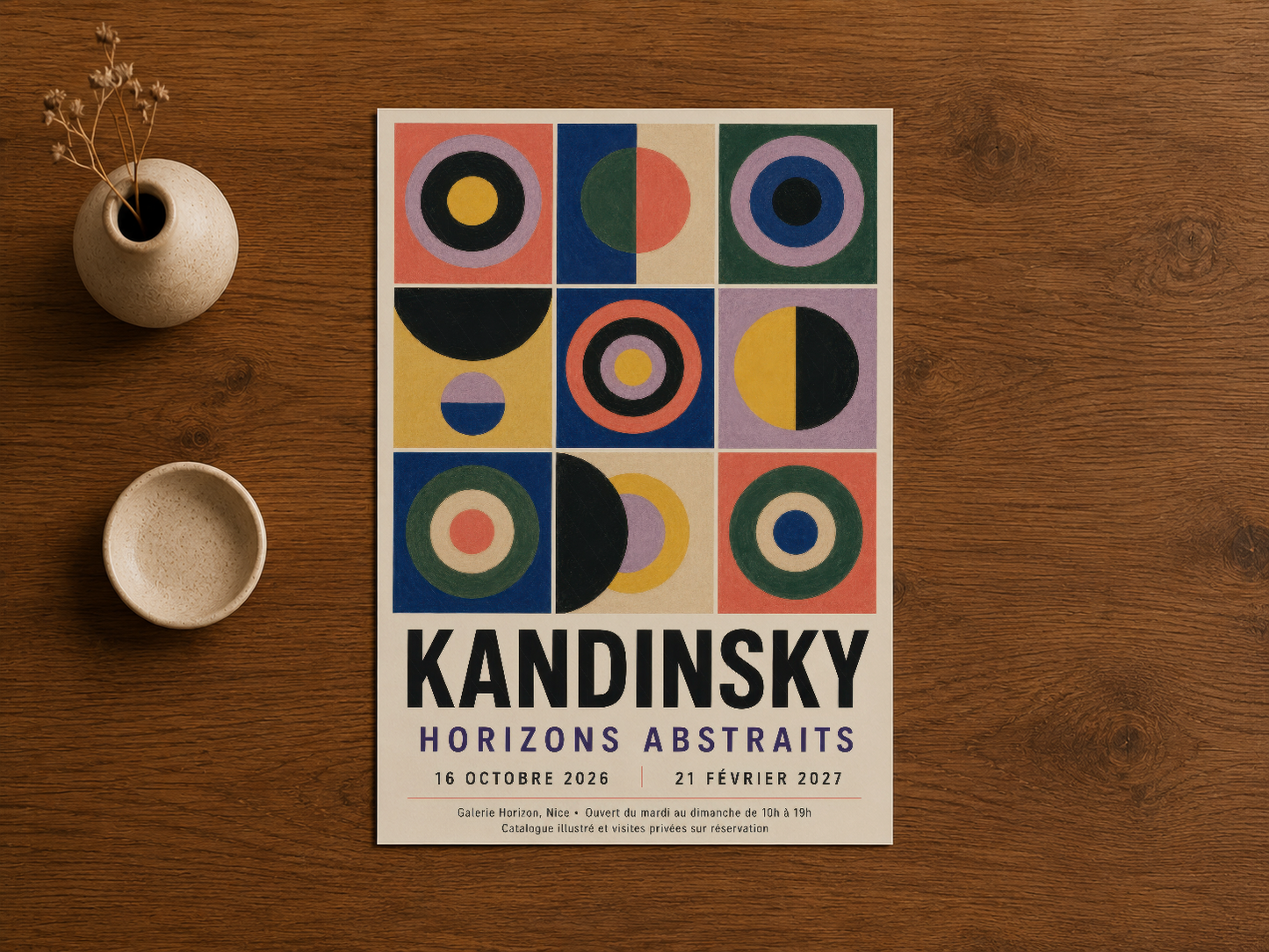 Kandinsky Horizons Abstraits duvar sanatı, turuncu, sarı, mavi ve yeşil tonlarında simetrik geometrik desen sunan poster.