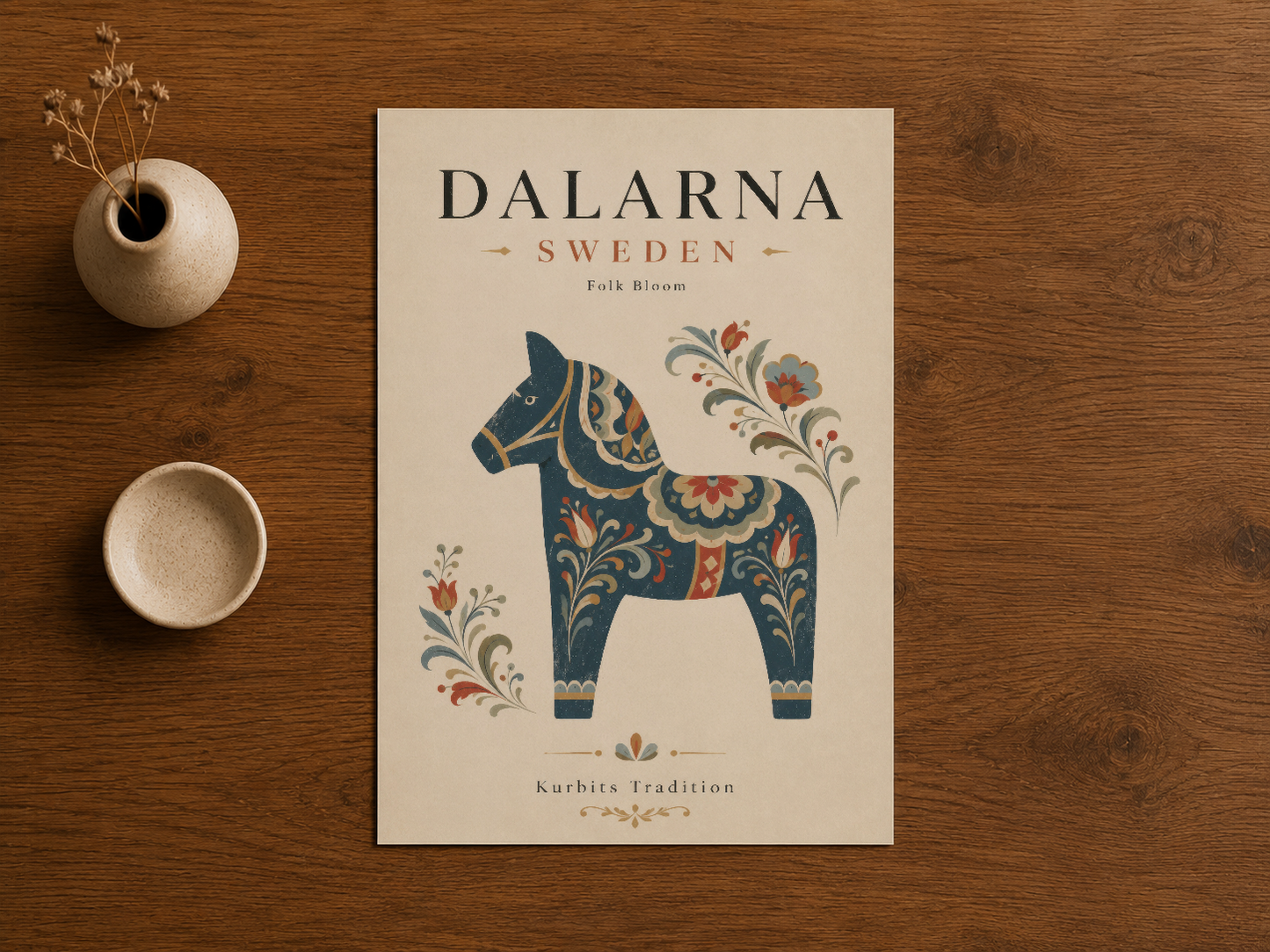Ahşap tezgahda sergilenen, Dalarna at figürü ve folk çiçek dekorasyonlu vintage stil poster baskı.