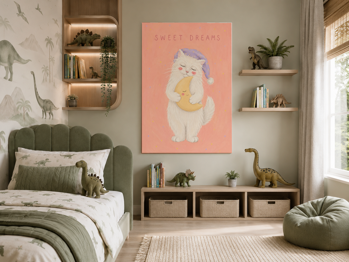 Dinlendirici pembe tonda, uykulu kedi ve ay motifi içeren çizimsel duvar tablosu.
