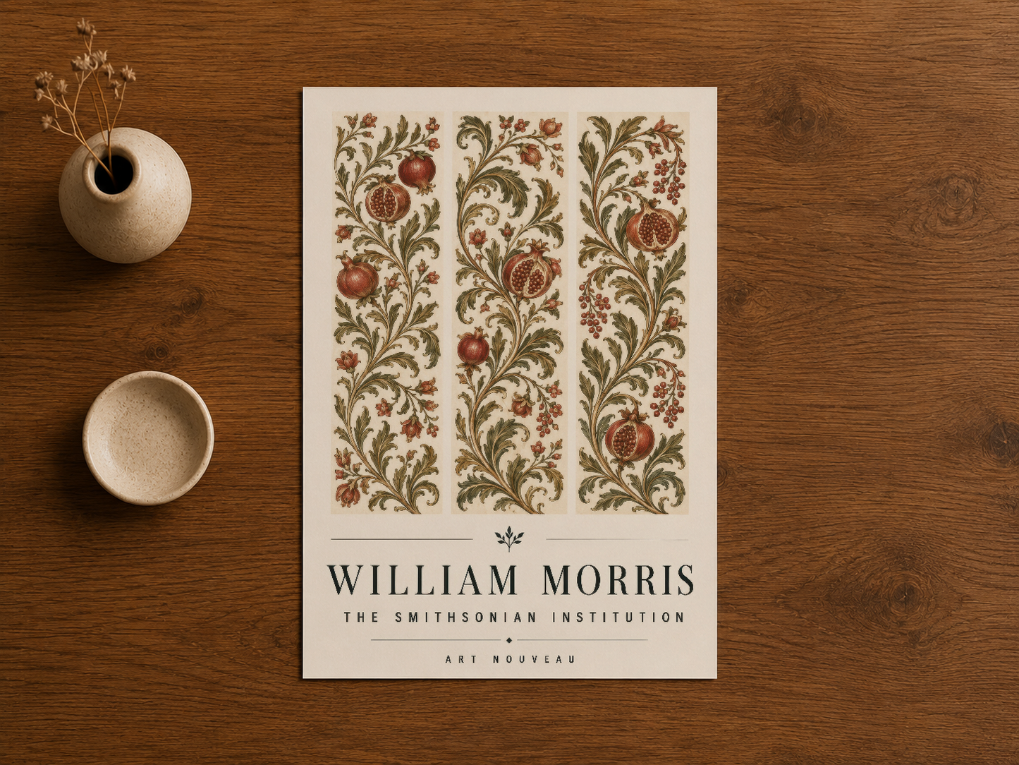 William Morris botanik tablo, ahşap zemin üzerinde, zarif tasarımın yakından görünümü.