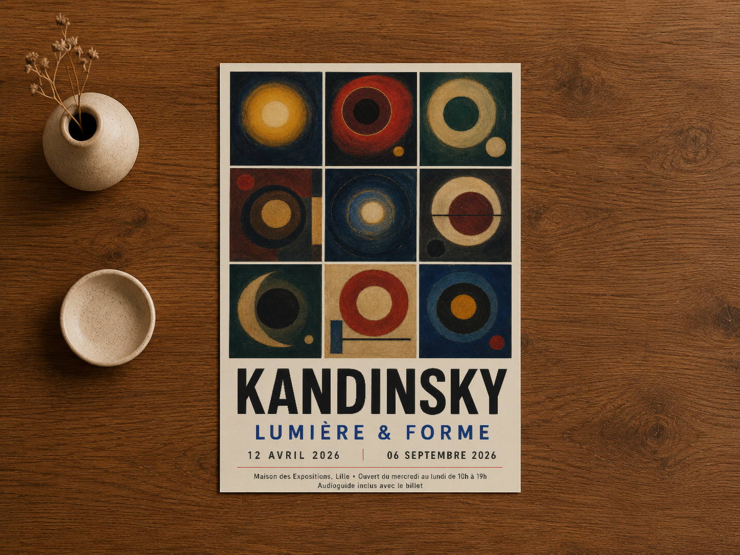 Kandinsky tasarımı duvar tablosu, ahşap zeminle tamamlanan minimalist ev dekorasyonunda görkemli duruyor.