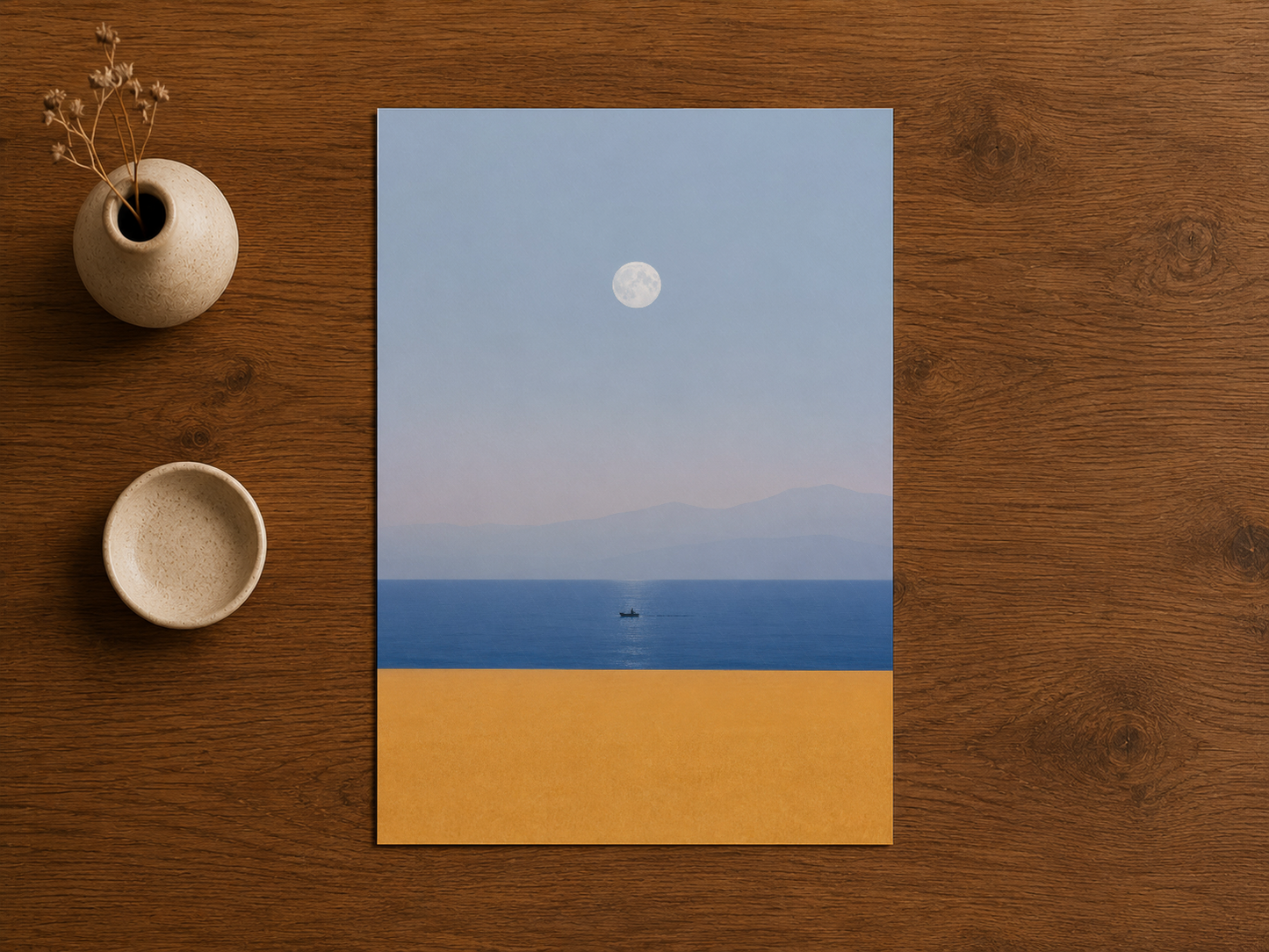 Pastel tonlu kıyı peyzajı ve ay motifli tasarımlı duvar sanat tablosu.