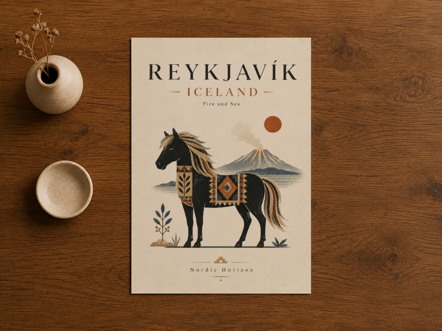 Ahşap masa üzerinde sergilenen, bohem tarzı at grafiğili Reykjavik duvar tablosu.