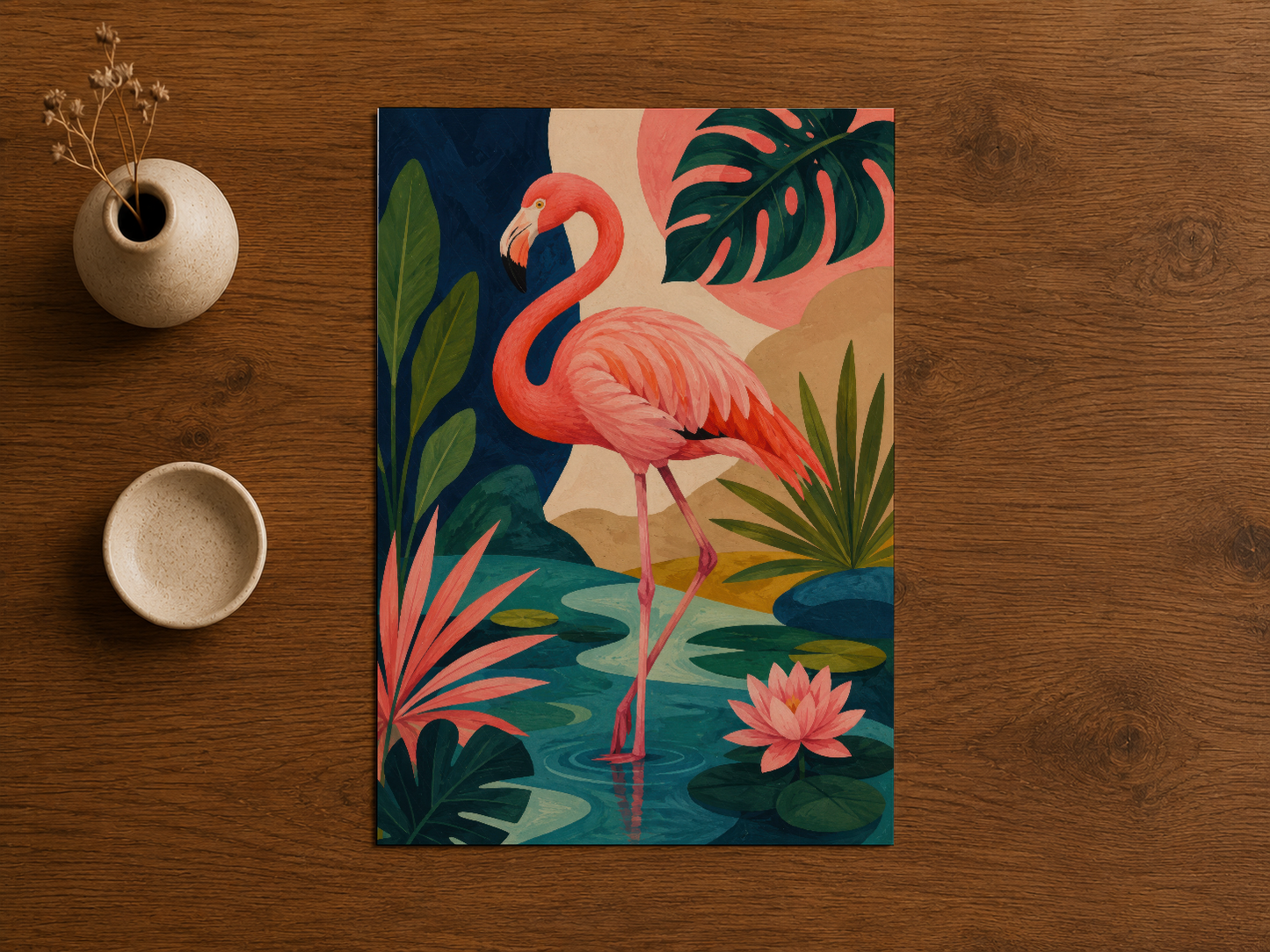 Ahşap bir masada sergilenen, canlı su manzarasında duran pembe flamingoyu işleyen poster.