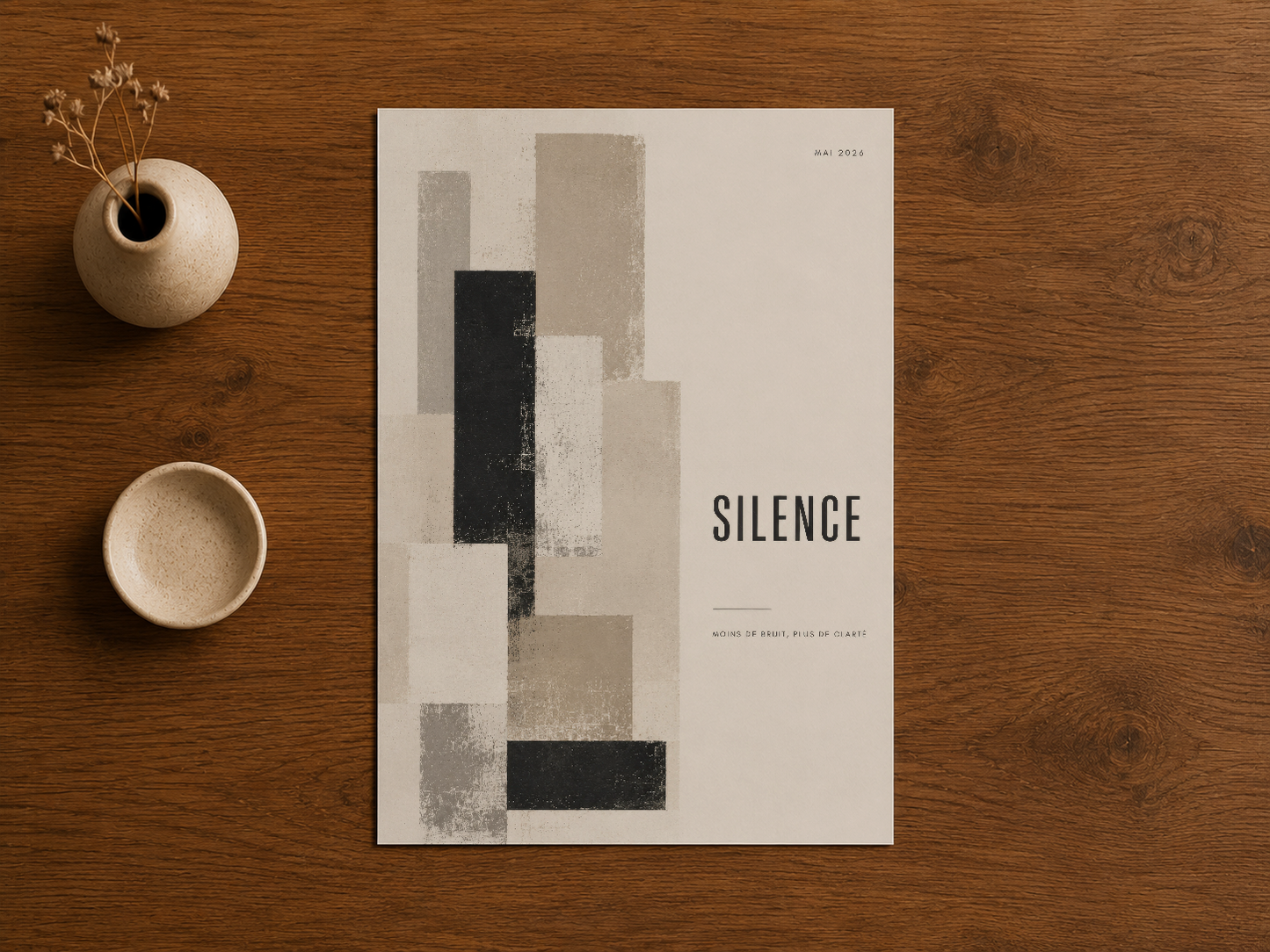 Açık renk ahşap zemin üzerine yerleştirilmiş, soyut blok desenli SILENCE tablosu ve dekoratif aksessuarlar.
