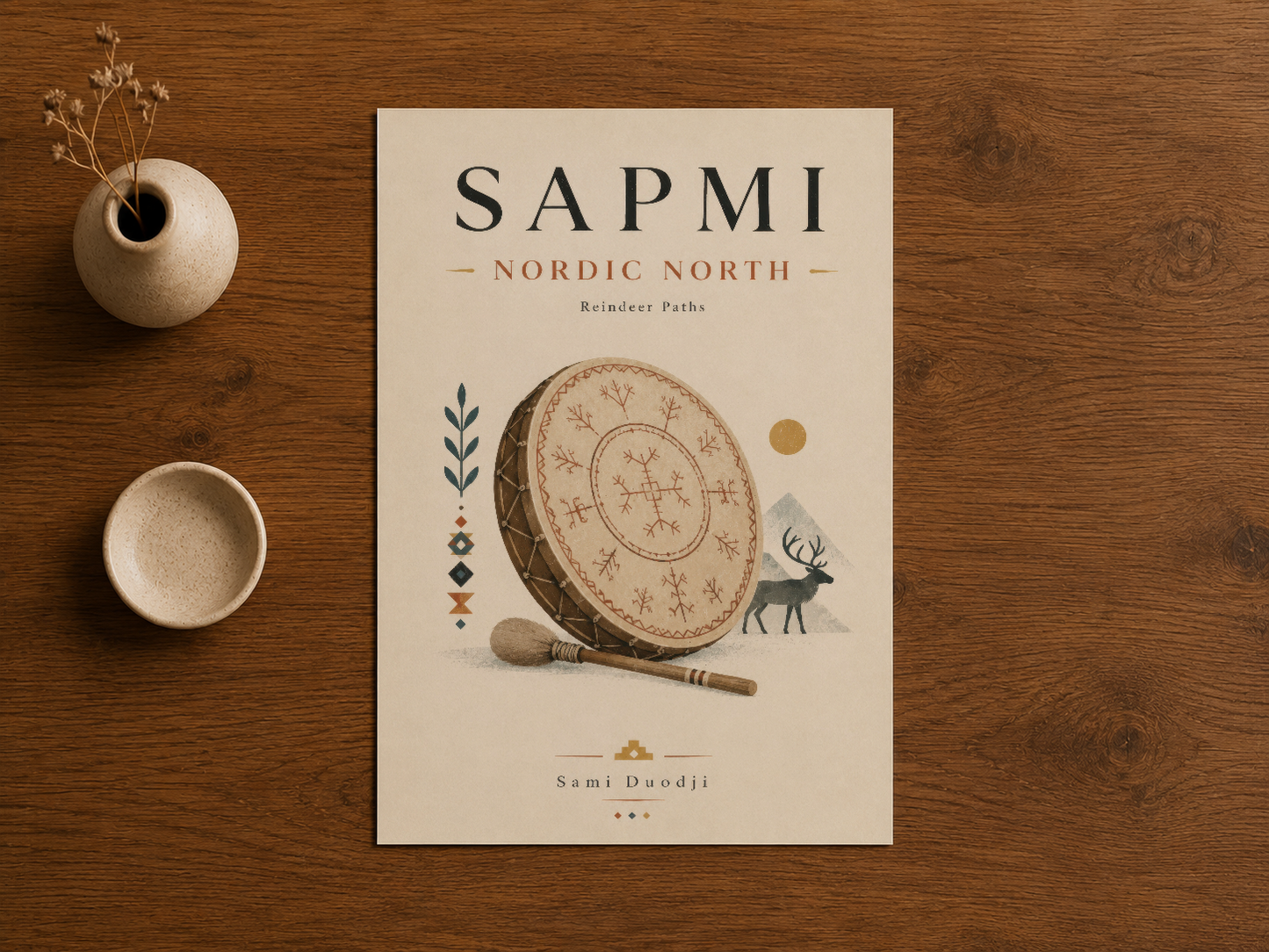 Sapmi Nordic North duvar sanatı, etnik davul resmi ve Samı kültürü ilham alan detaylı illustration tasarımı.