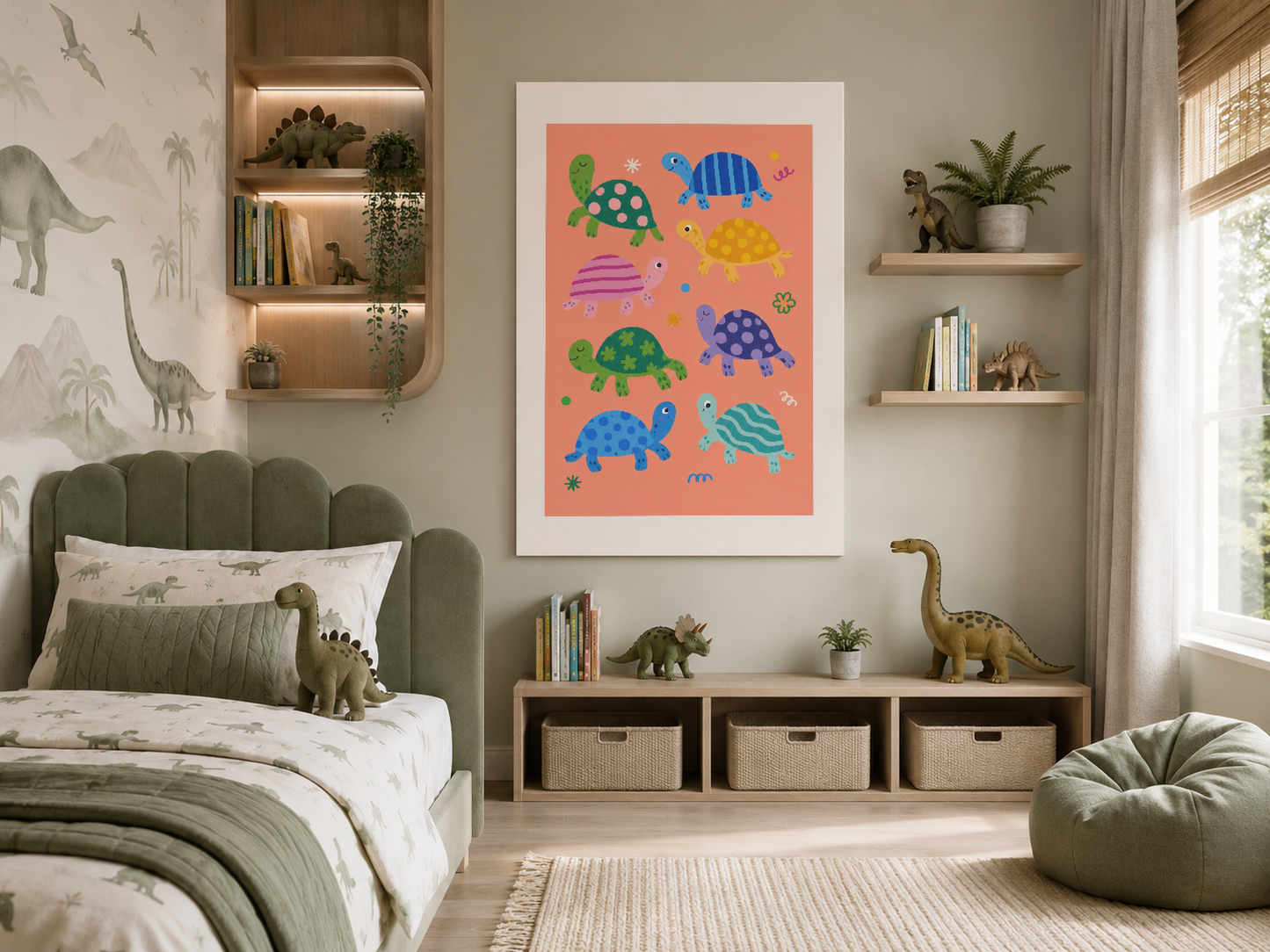 Dino temalı çocuk yatak odasında, mercan fondolu kaplumbağa desenli poster.
