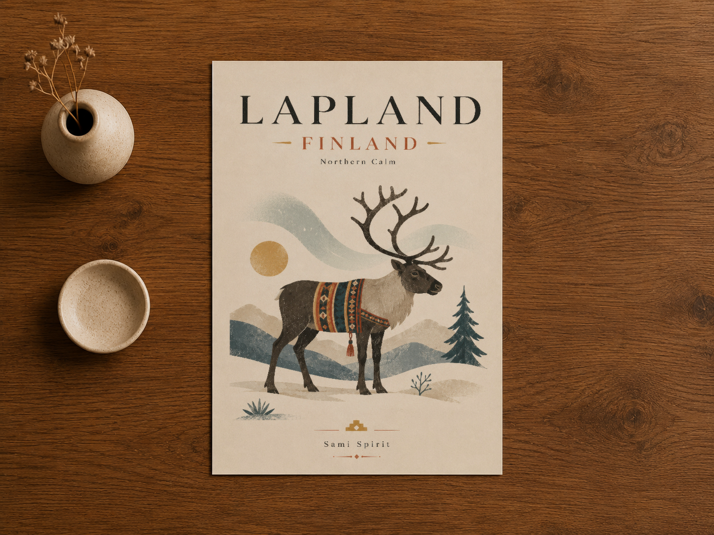Lapland Finland poster, ahşap masada sergilenen geyik ve doğa konulu kontrollü renk paletli tasarım.