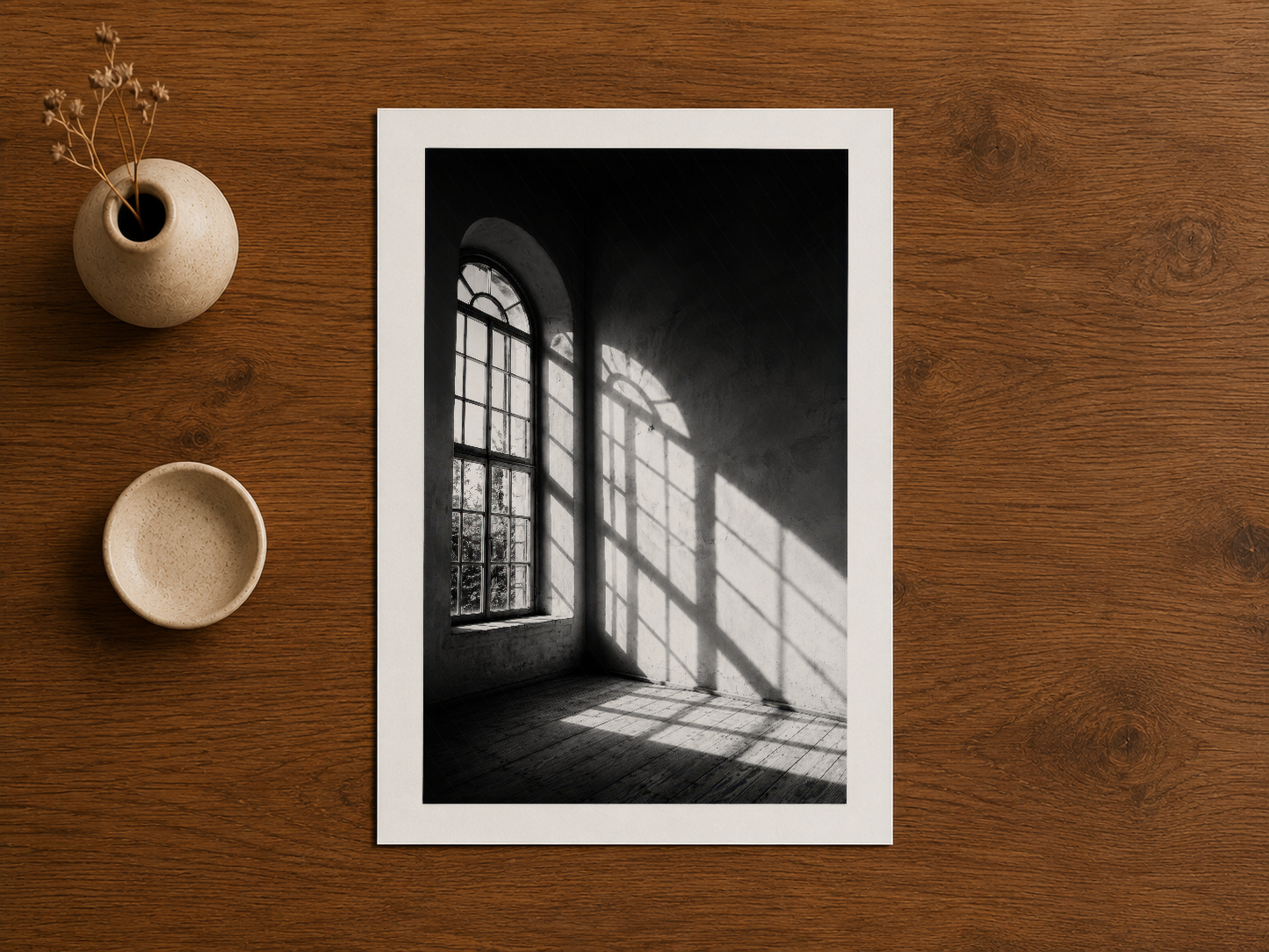 Minimalist ahşap çerçeve içinde siyah beyaz fotoğraf, pencere ışığının zarif gölge desenleri sunan tasarım.