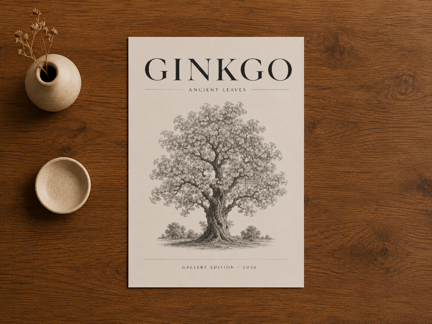 Ginkgo Ancient Leaves tablosu, doğal ahşap zemin üzerinde klasik çizim stili.