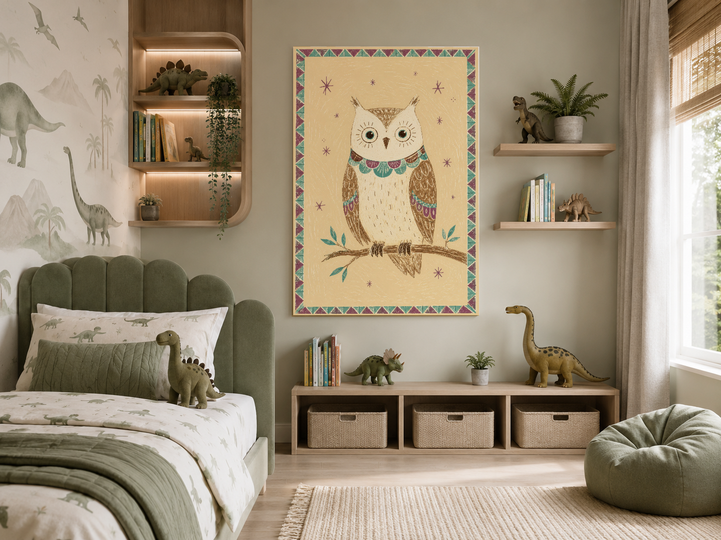 Zarif baykuş deseni poster, dino temalı çocuk odasında duvar dekorasyonu olarak.