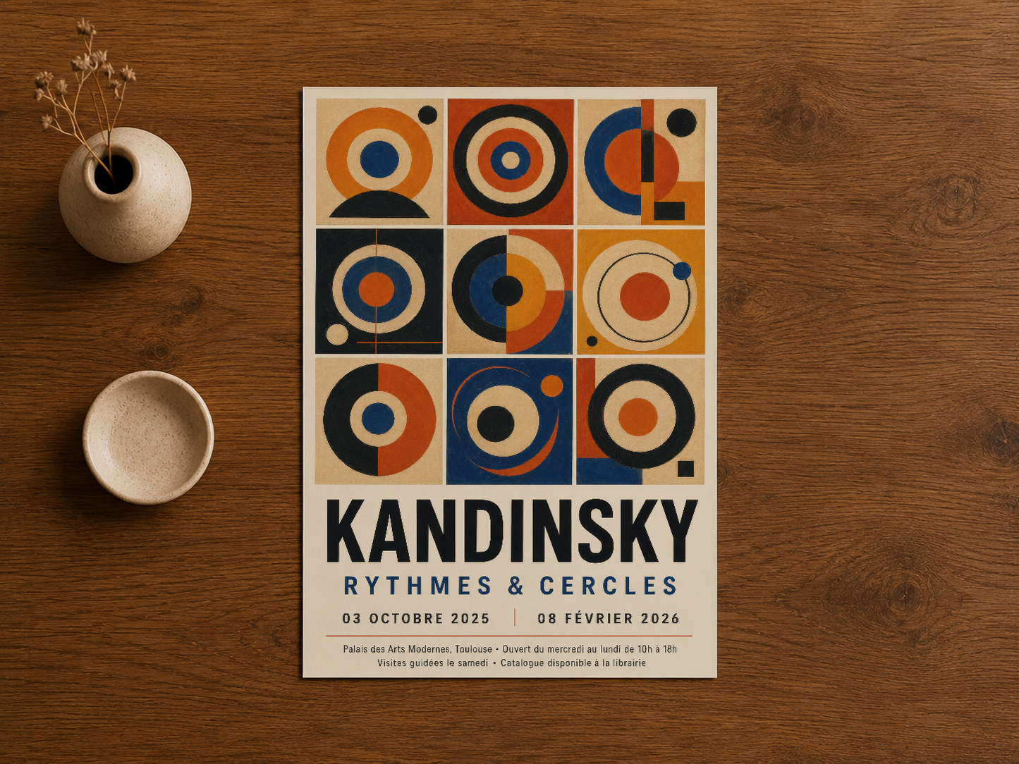 Kandinsky Ritimleri ve Çemberler posteri, ahşap masada, sanat sergisi afişi görünümü.