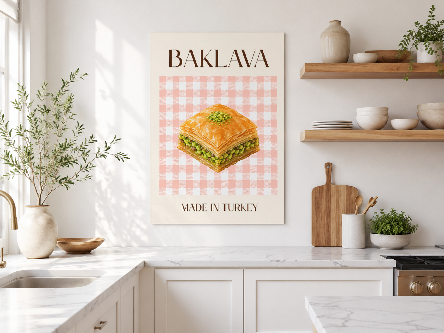 Beyaz çerçeveli baklava tablosu, güneş ışığında modern mutfaka zarif görünüm veren sanat eseri.