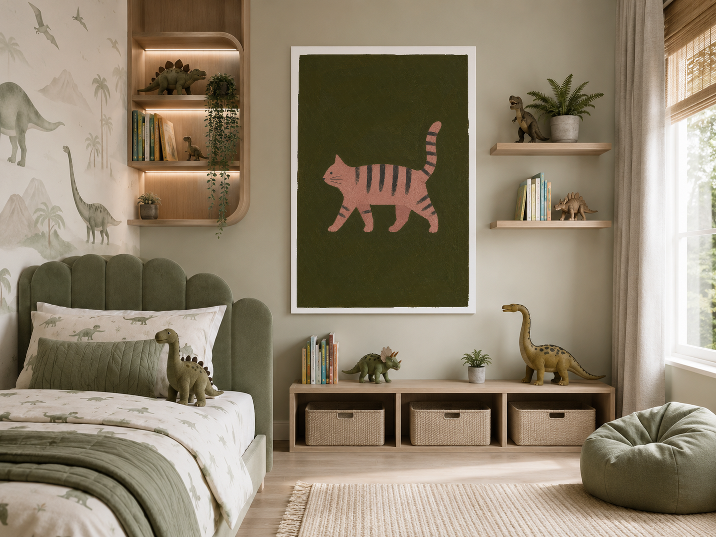 Pembe çizgili kedi figürü yeşil fonda dinozor temalı çocuk yatak odasında modern poster.